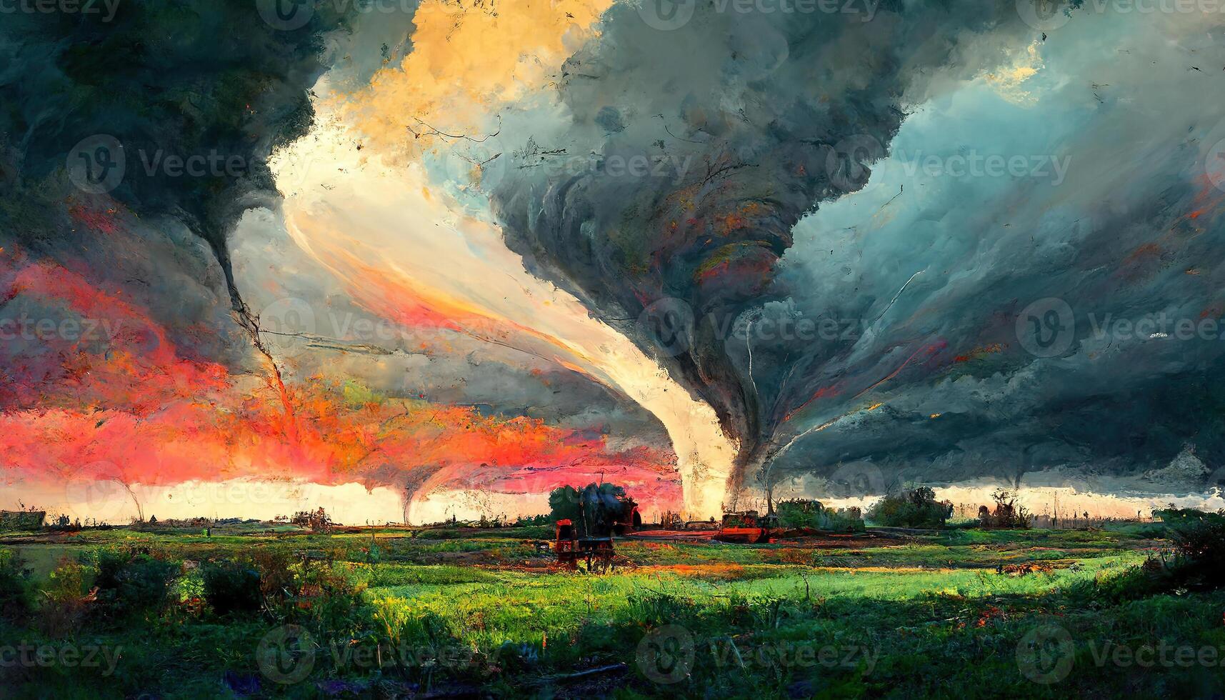 Dark cloud storm beam. dramatic rainy sky over the tree field. photo