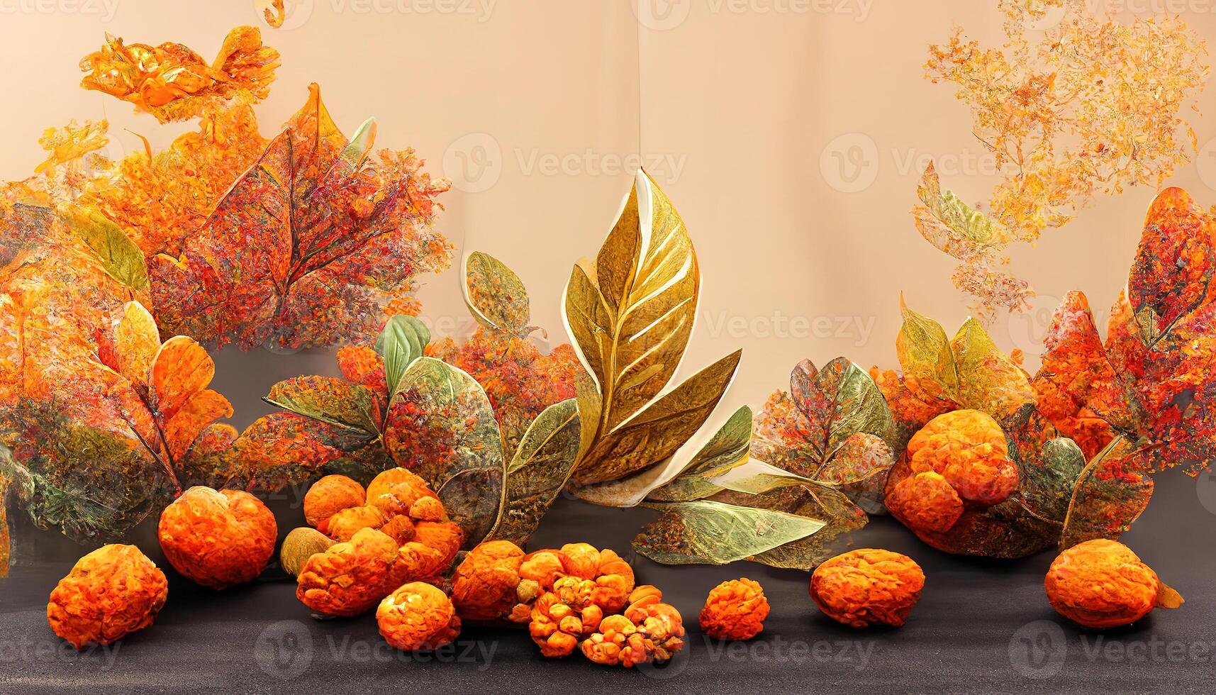 Exceptional Autumn display podium decoration background with orange leaves, trees, gift box, product display mock up. photo