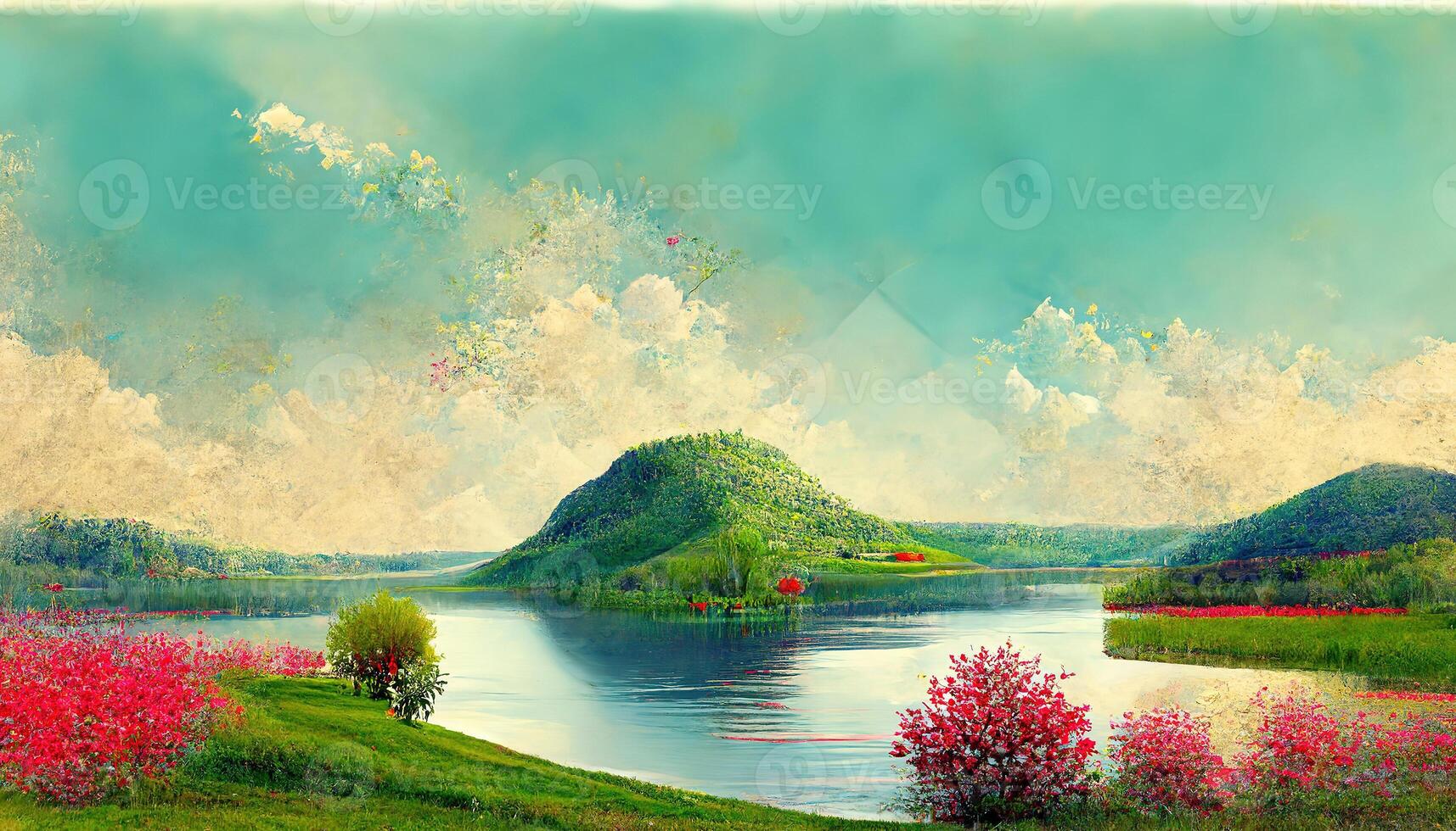 Landscape lake and sky yellow trees and pink grass 3d render. photo