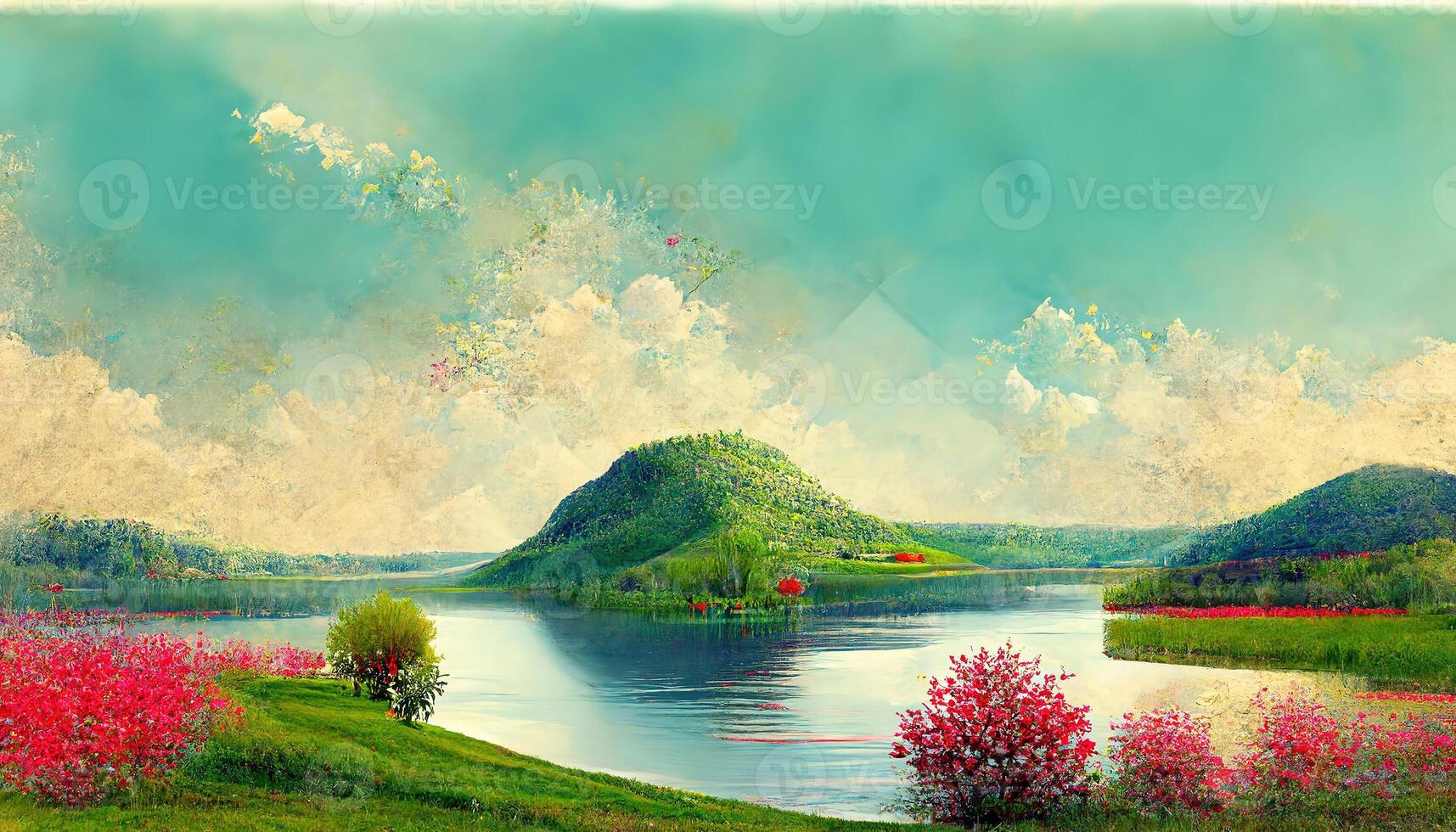 paisaje lago y cielo amarillo arboles y rosado césped 3d prestar. generativo ai foto