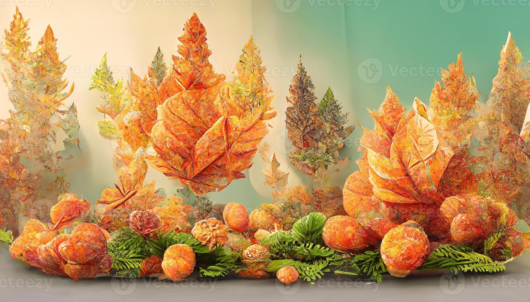 Autumn display podium decoration background with orange leaves, trees, gift box, product display mock up. photo