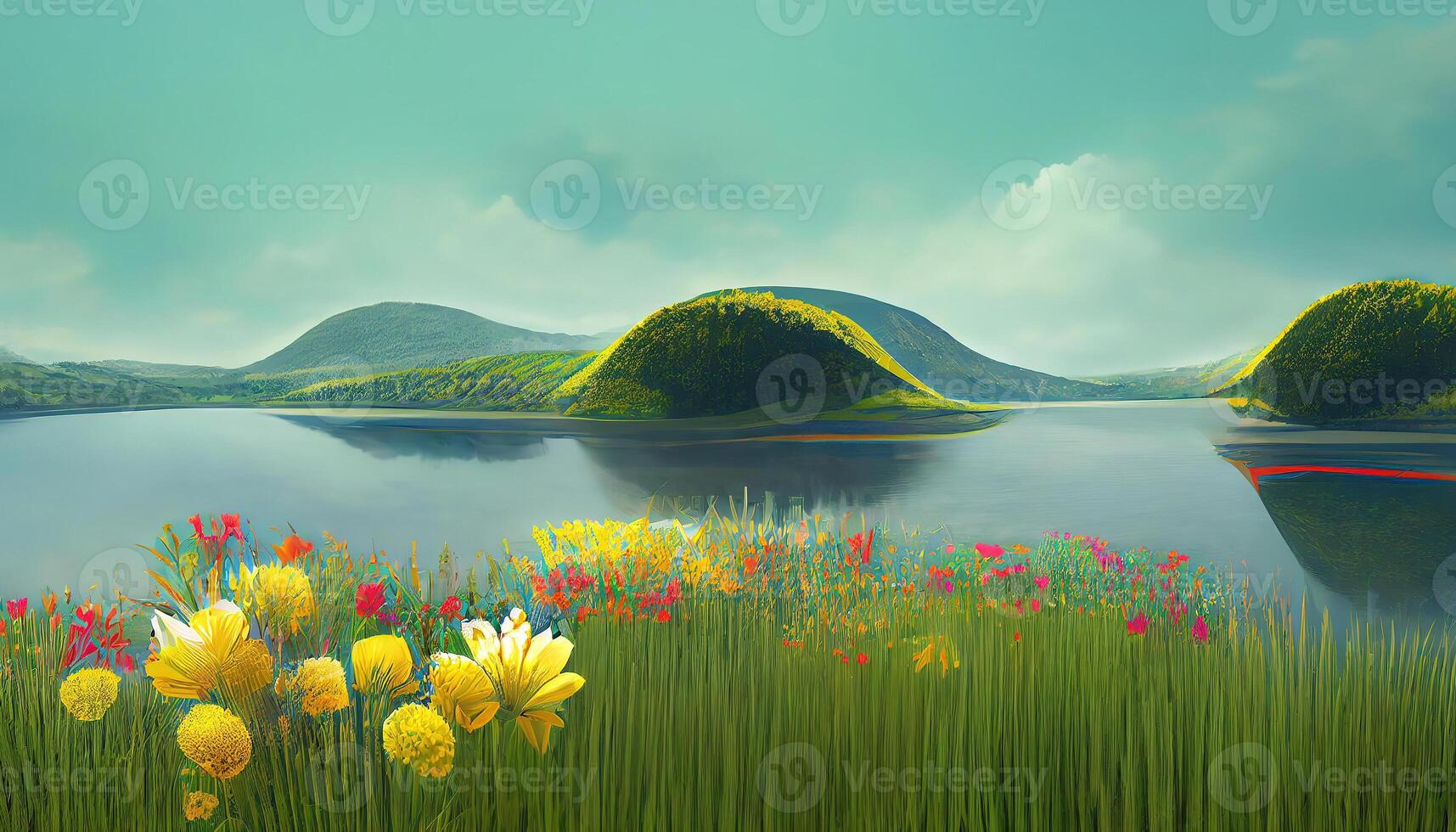 Abstract spring summer landscape scene with geometric form, lake and flower view. photo