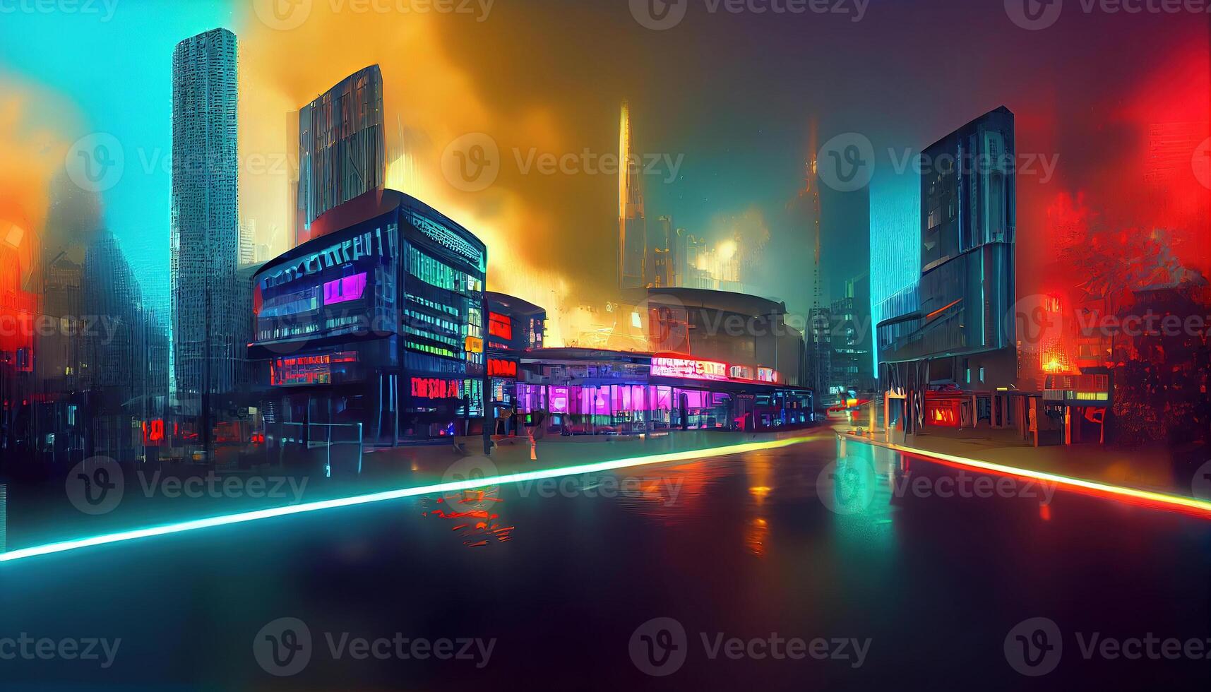 3D Rendering of neon mega city with light reflection from puddles on street heading toward buildings. photo