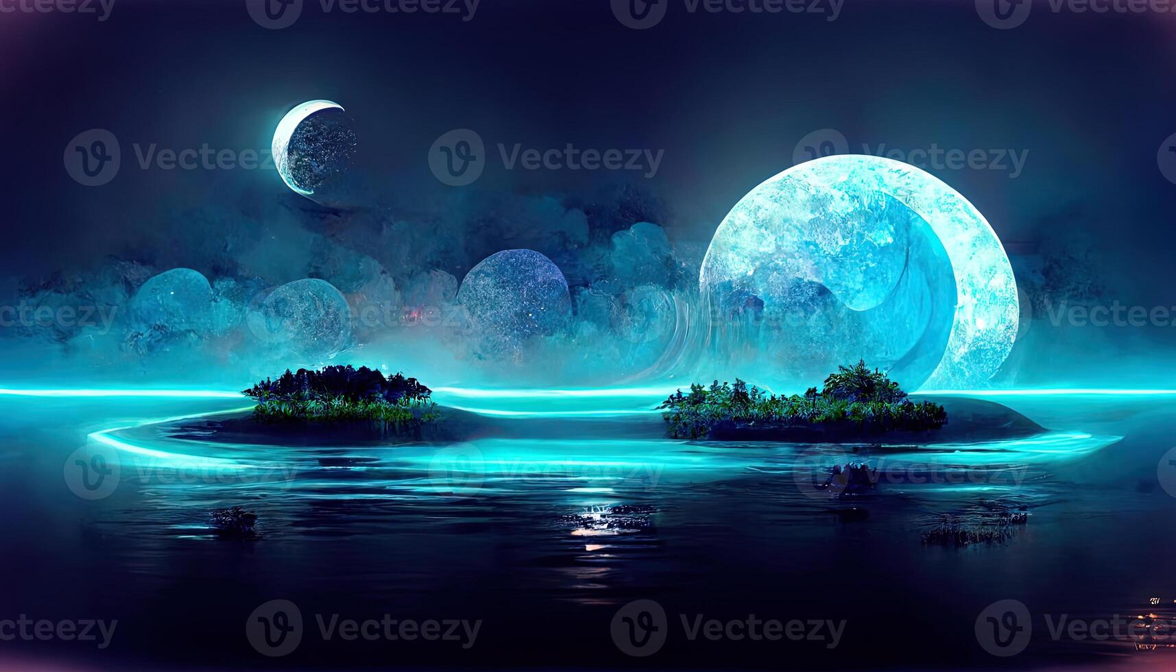 moderno futurista fantasía noche paisaje con resumen islas y noche cielo. generativo ai foto