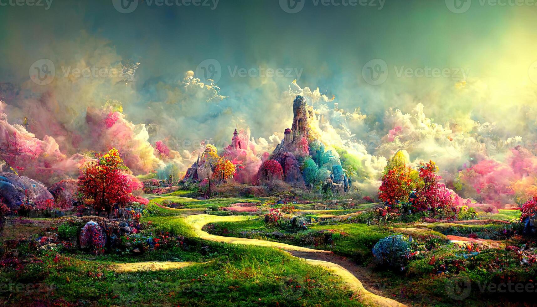 Exceptional 3d rendering of a colorful fantasy landscape, Detailed, colored. photo