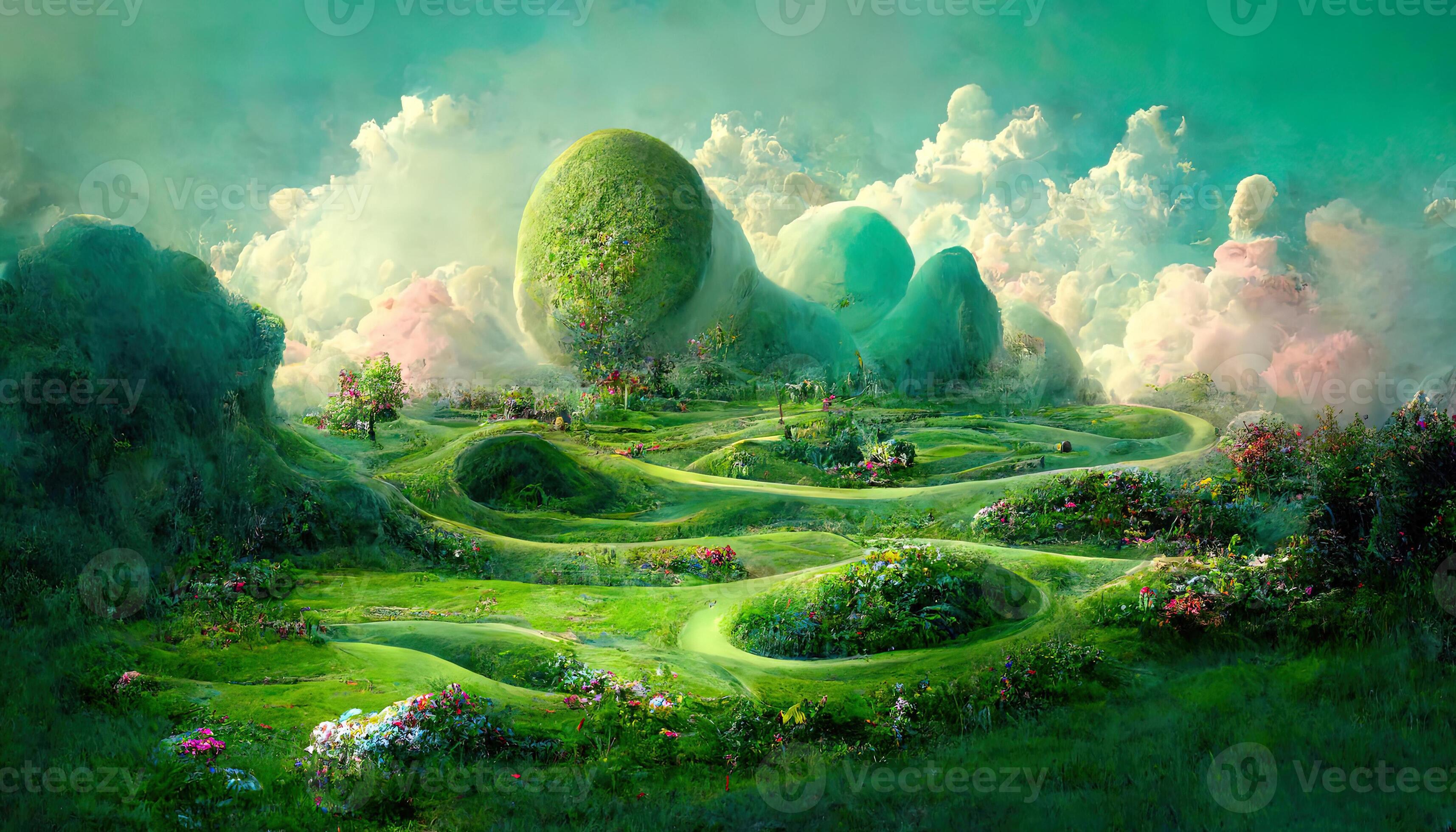 Childhood fantasy world dream green landscape a clear day environmental concept. Generative Ai 