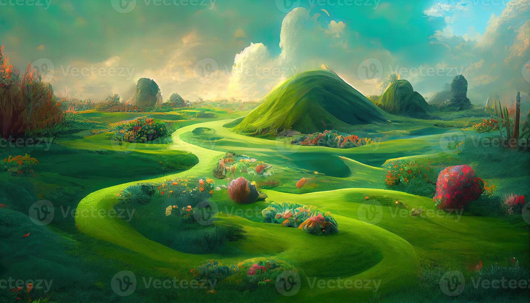 Green landscape on a clear day environmental concept, Detailed, colored. photo