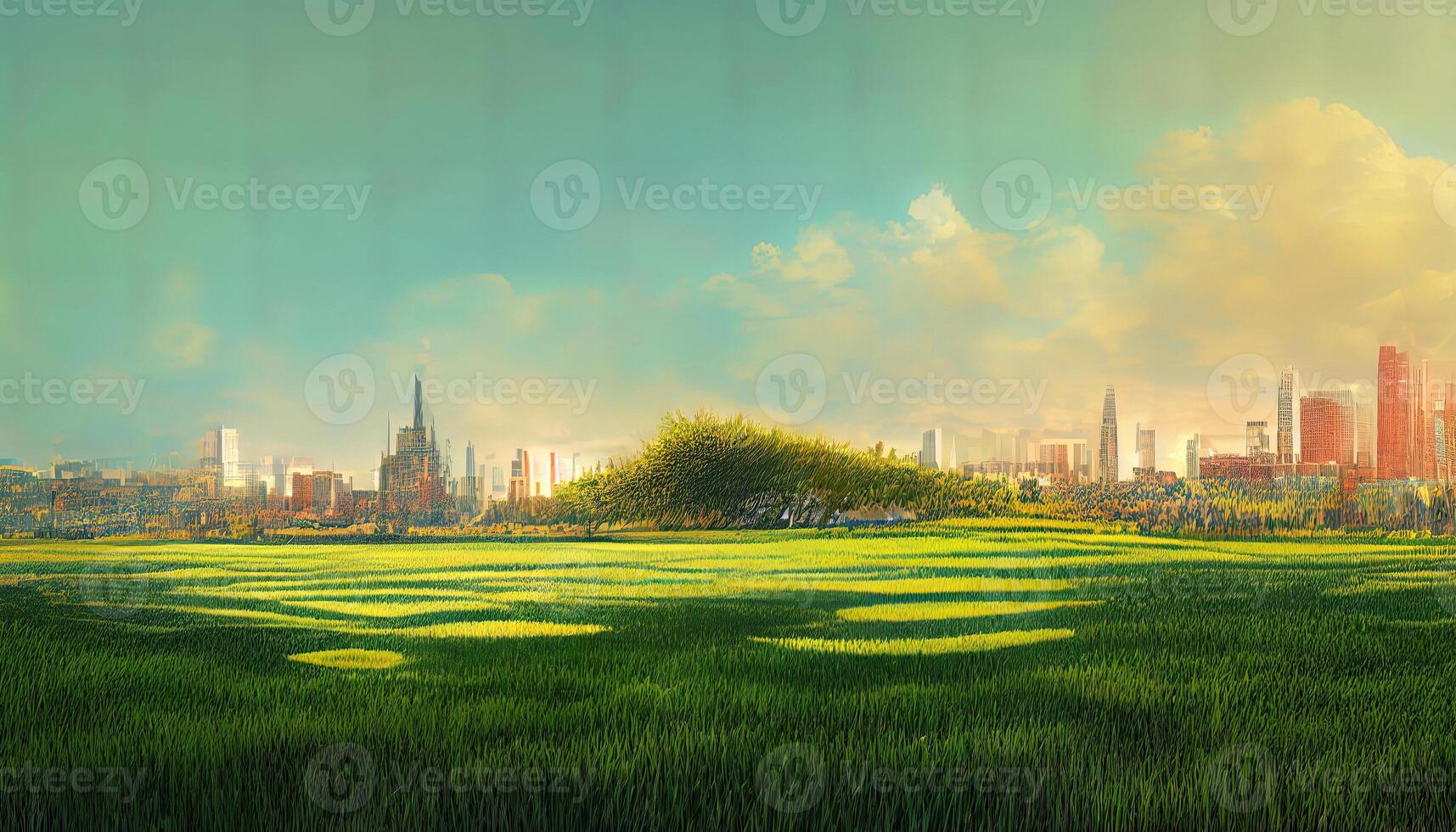 Grass field with city background, 3d rendering, Detailed, colored. photo