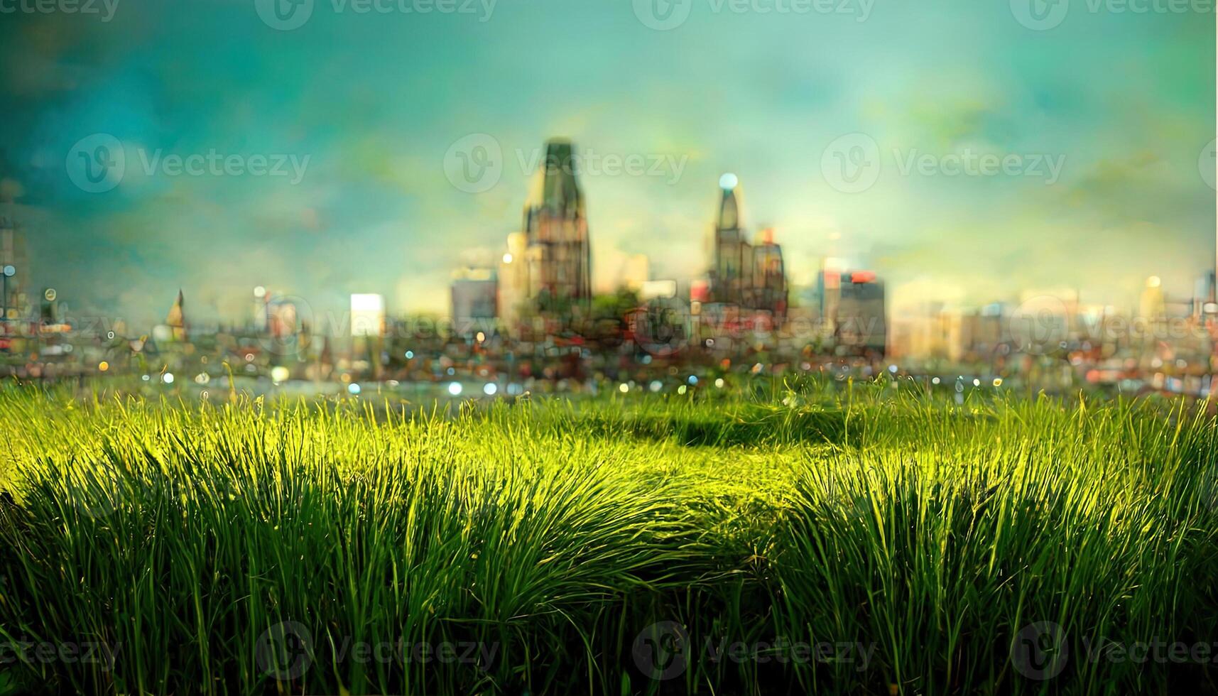 New city against green field and blue sky. photo