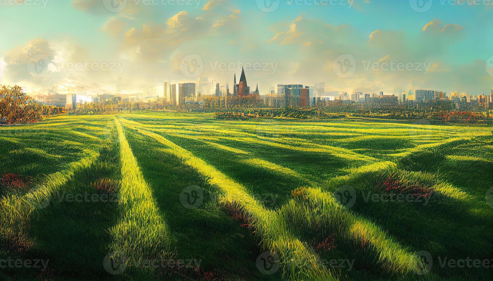 Grass field with city background, 3d rendering, Detailed, colored. photo
