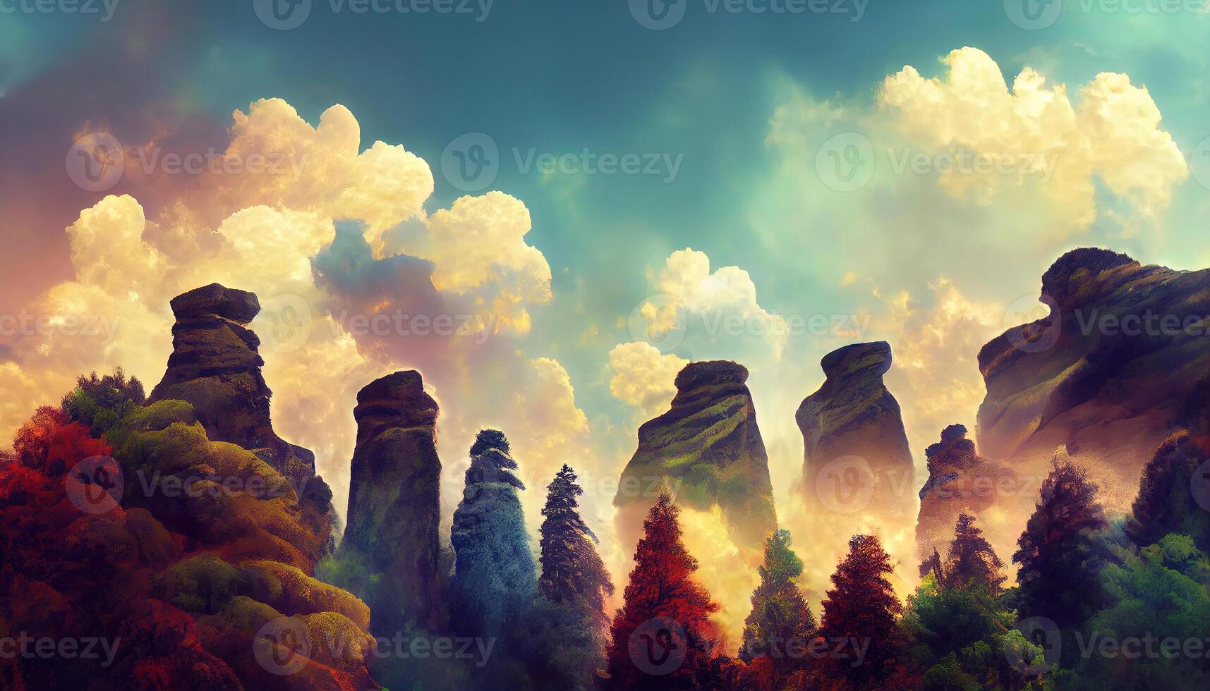 Trees Near The Mountains Waterfall Stones, the sun is shining clouds, Detailed, colored. photo
