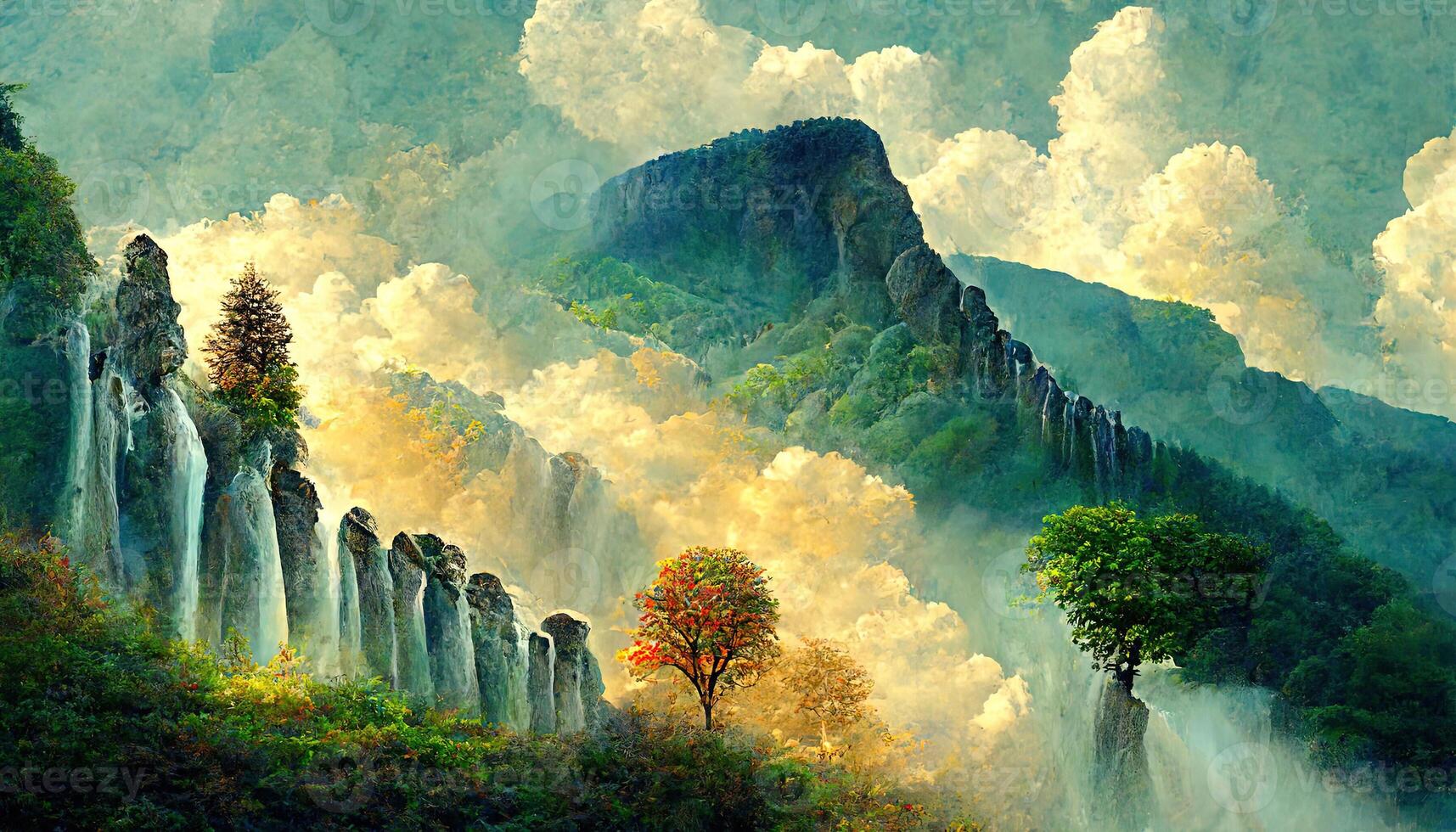 Attractive Trees Near The Mountains Waterfall Stones, the sun is shining clouds, Detailed, colored. photo