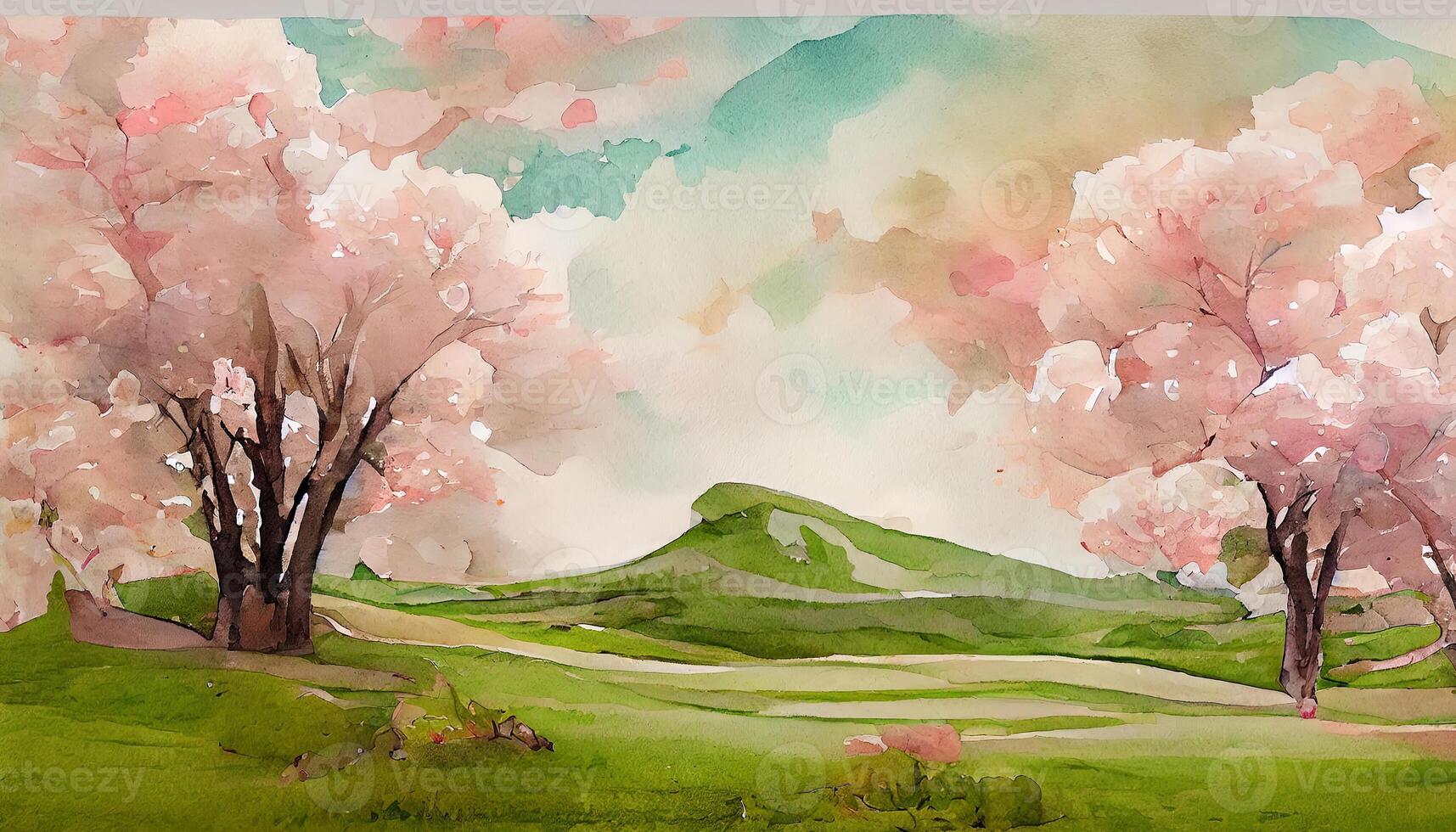 Colorful wet watercolor spring landscape with single lush blooming pink sakura cherry tree. photo