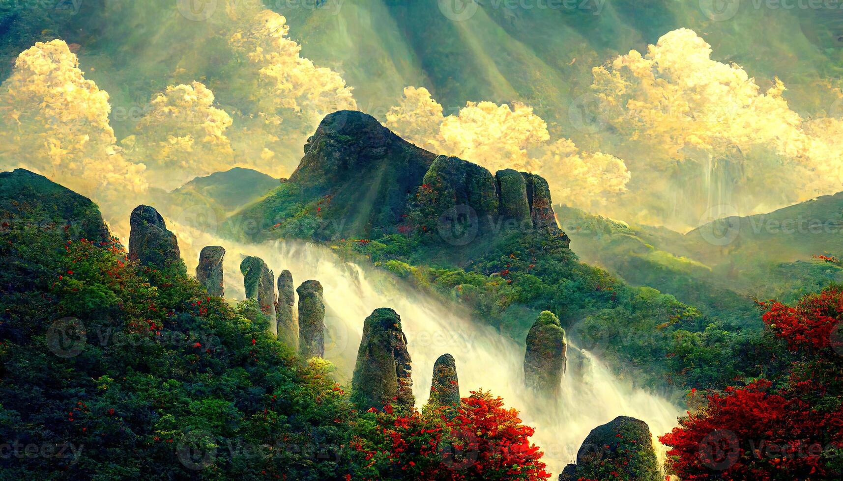 Attractive Trees Near The Mountains Waterfall Stones, the sun is shining clouds, Detailed, colored. photo