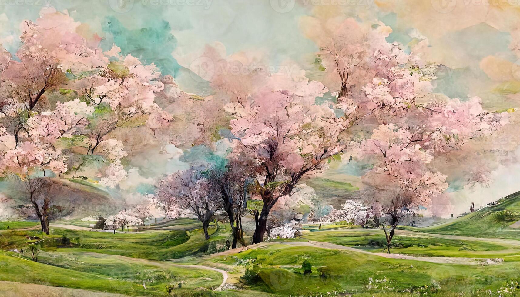 Colorful wet watercolor spring landscape with single lush blooming pink sakura cherry tree. photo