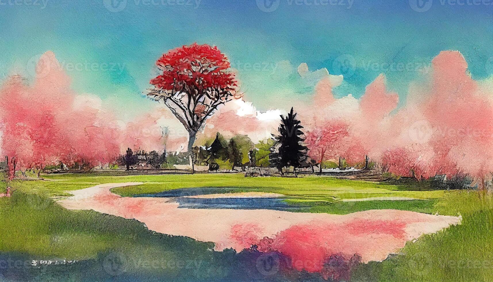Beautiful cherry blossoms trees blooming in spring. photo