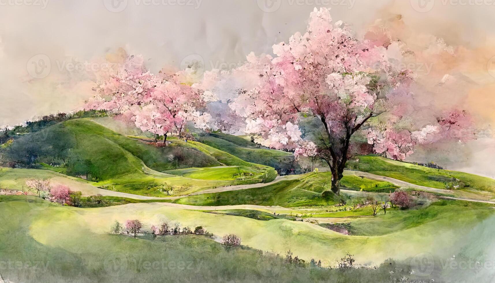 Watercolor sketch with cherry tree in full blossom. photo