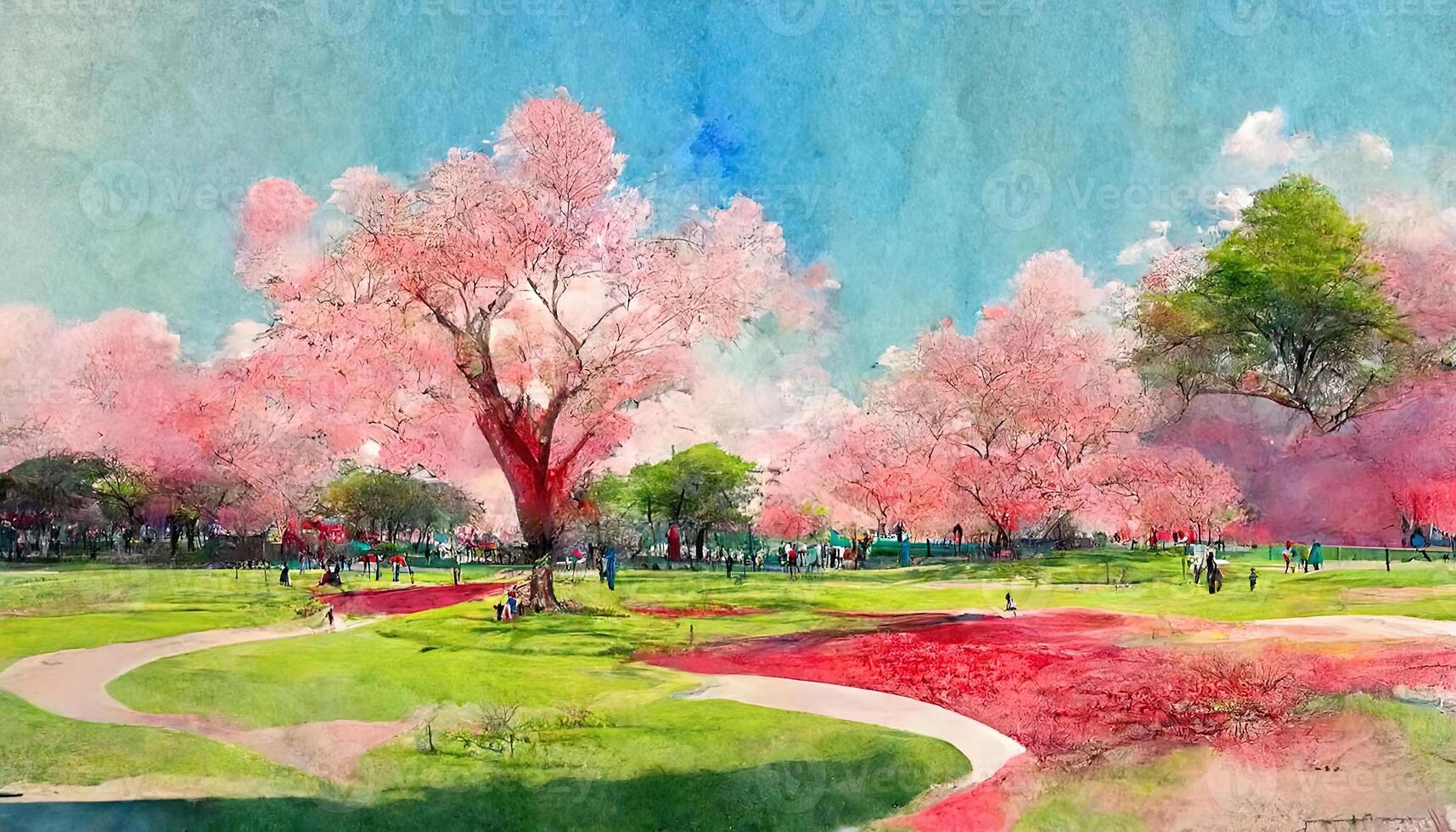 Drawing of bright Japanese park, blossom pink red tree, blue sky, green grass, Picture contains interesting idea. photo