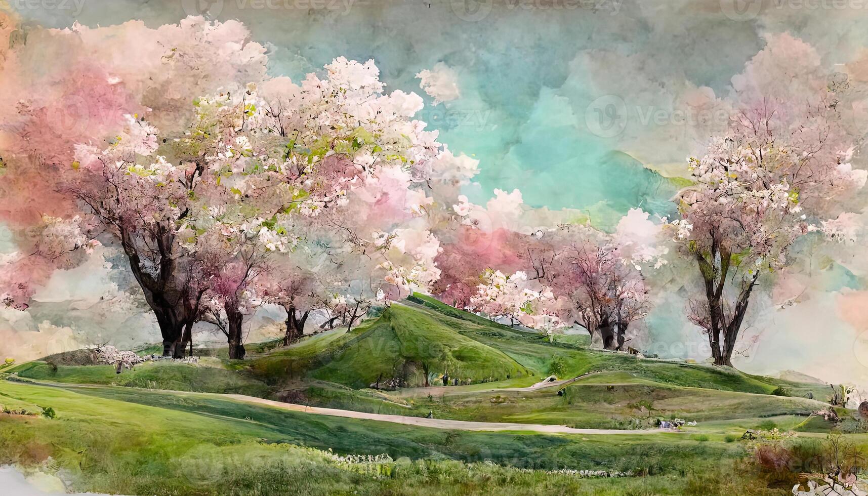 Blooming spring background in watercolor style. photo