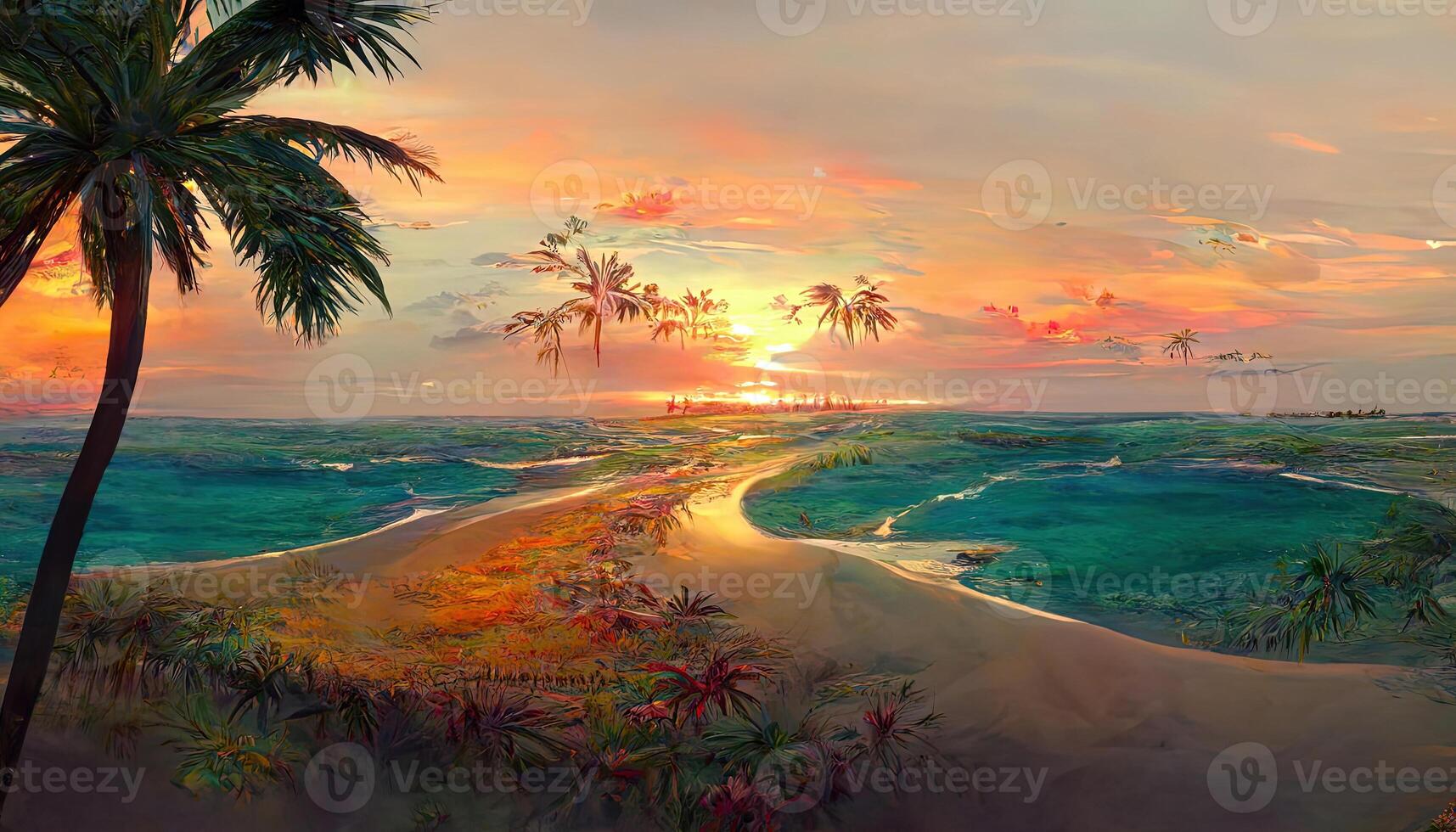 Panorama of the sea sunset, the sun over a tropical island with palm trees, 3D rendering. photo