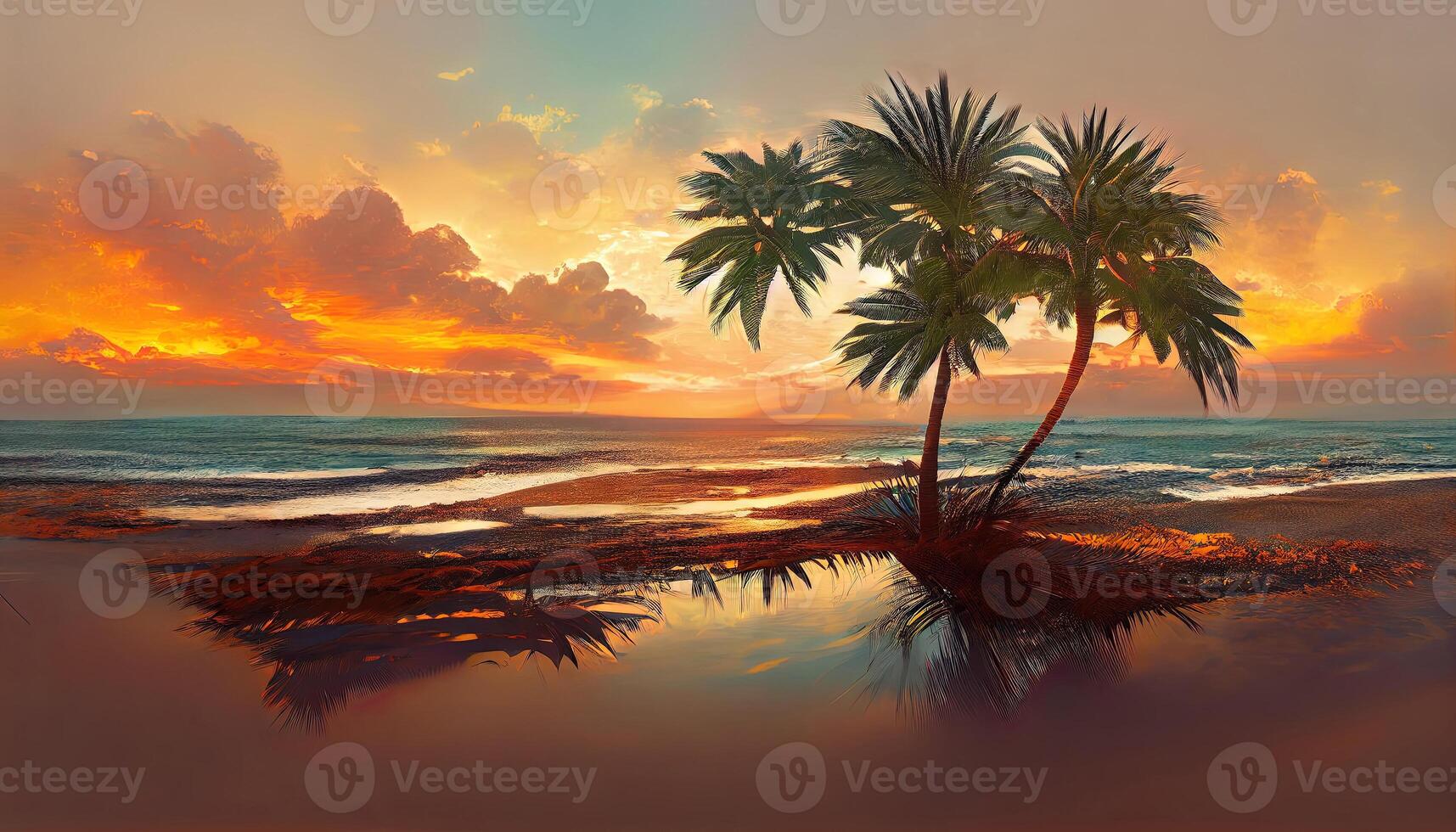 Beautiful beach with palm trees at sunset, panorama of a tropical landscape, sea sunset, 3d rendering. photo