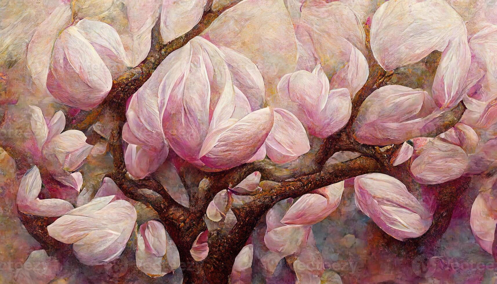 Pink Magnolia tree in blossom, acrylic painting. photo