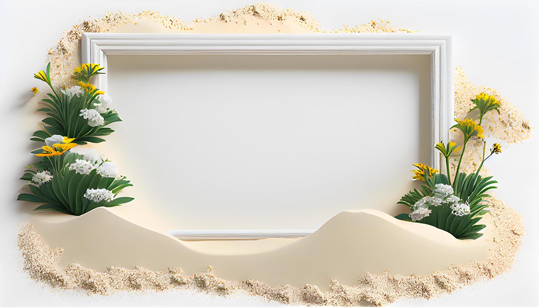 Photo frame, flower and sand decoration on white background. creasing space frame, Valentine's day, mother's day, women's day, spring concept, top view, generate ai