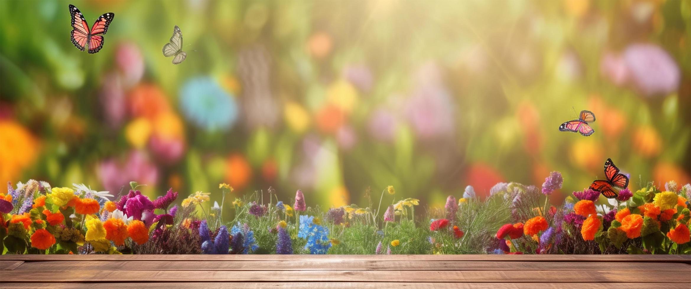 empty wooden table decorated with colorful flowers and butterflies. Blurred bokeh spring background. copy space. For product display. templates, media, printing, etc, generate ai photo