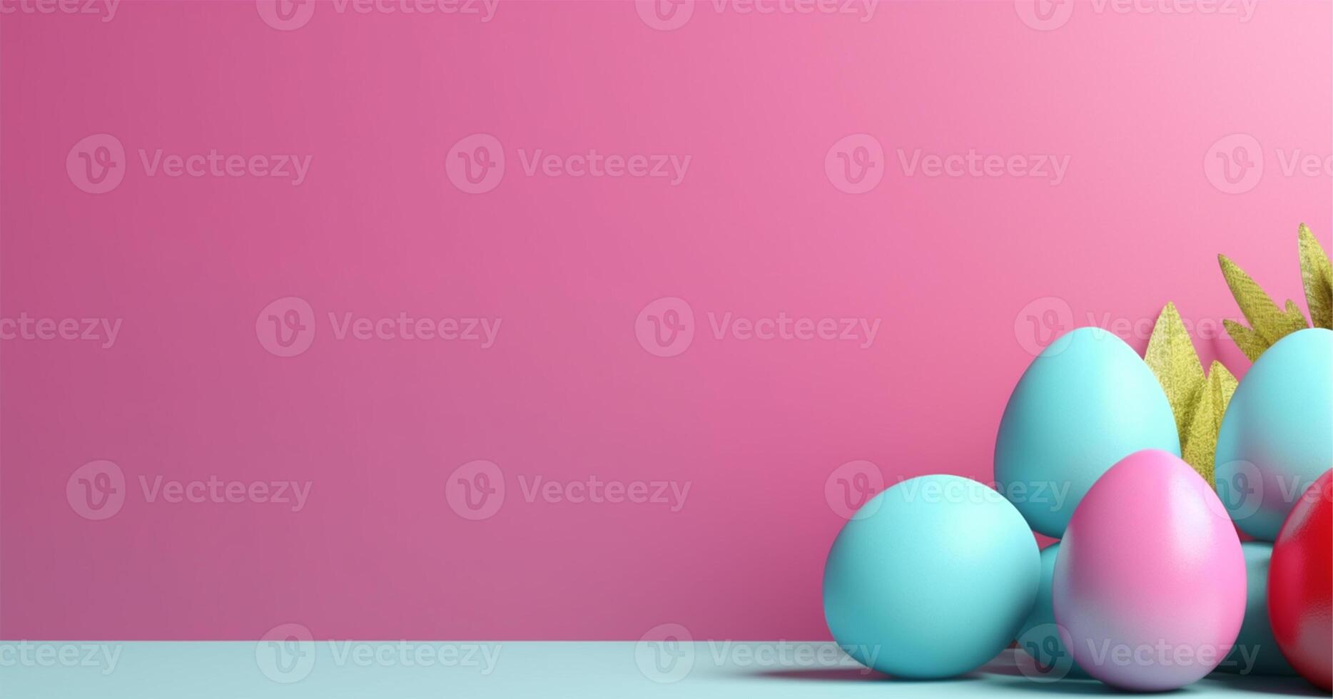 pink background with copy space. easter day concept, colorful egg decoration, photo