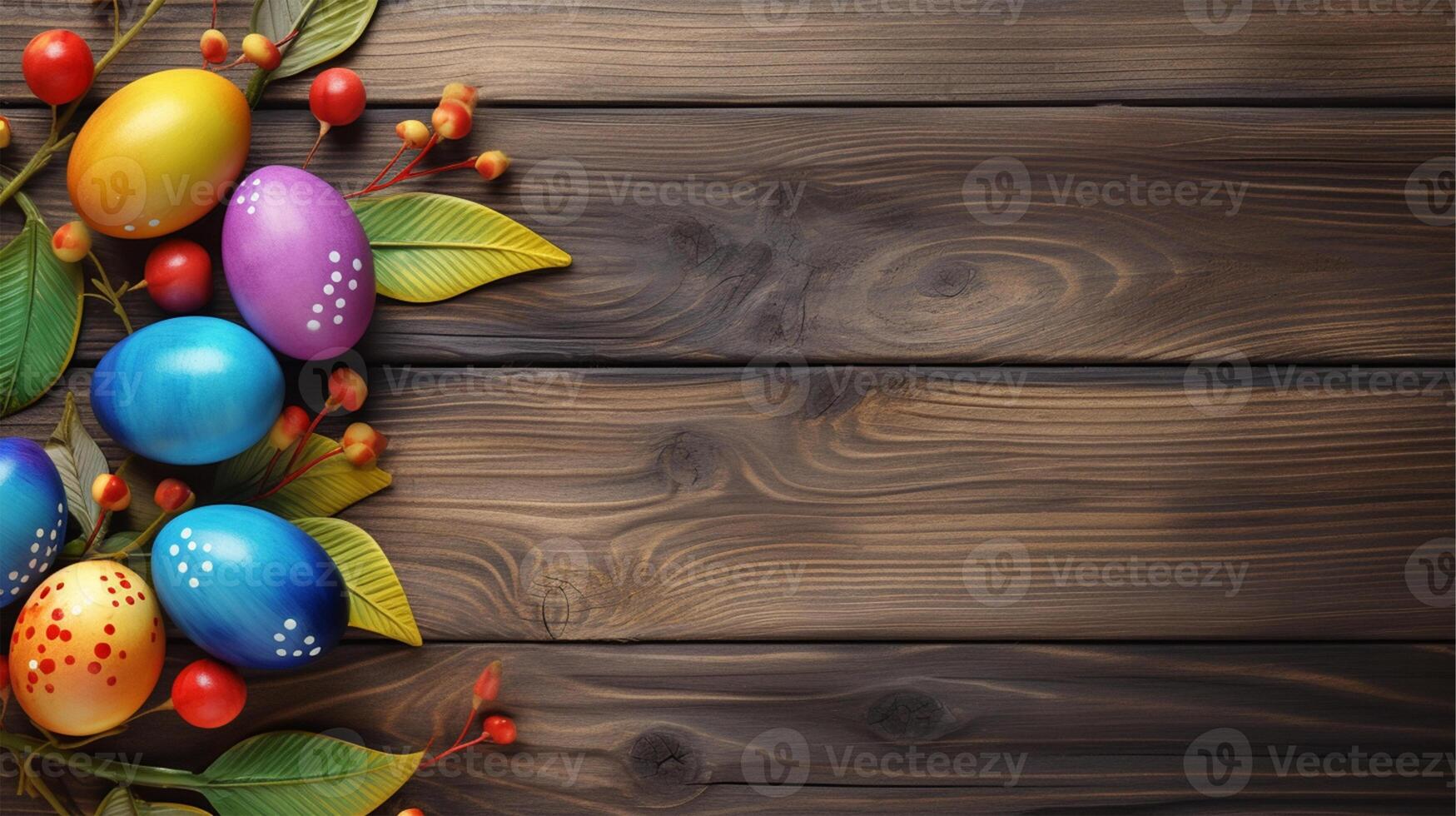 wooden background with copy space, easter day concept, egg pattern, spring leaves and flowers, photo