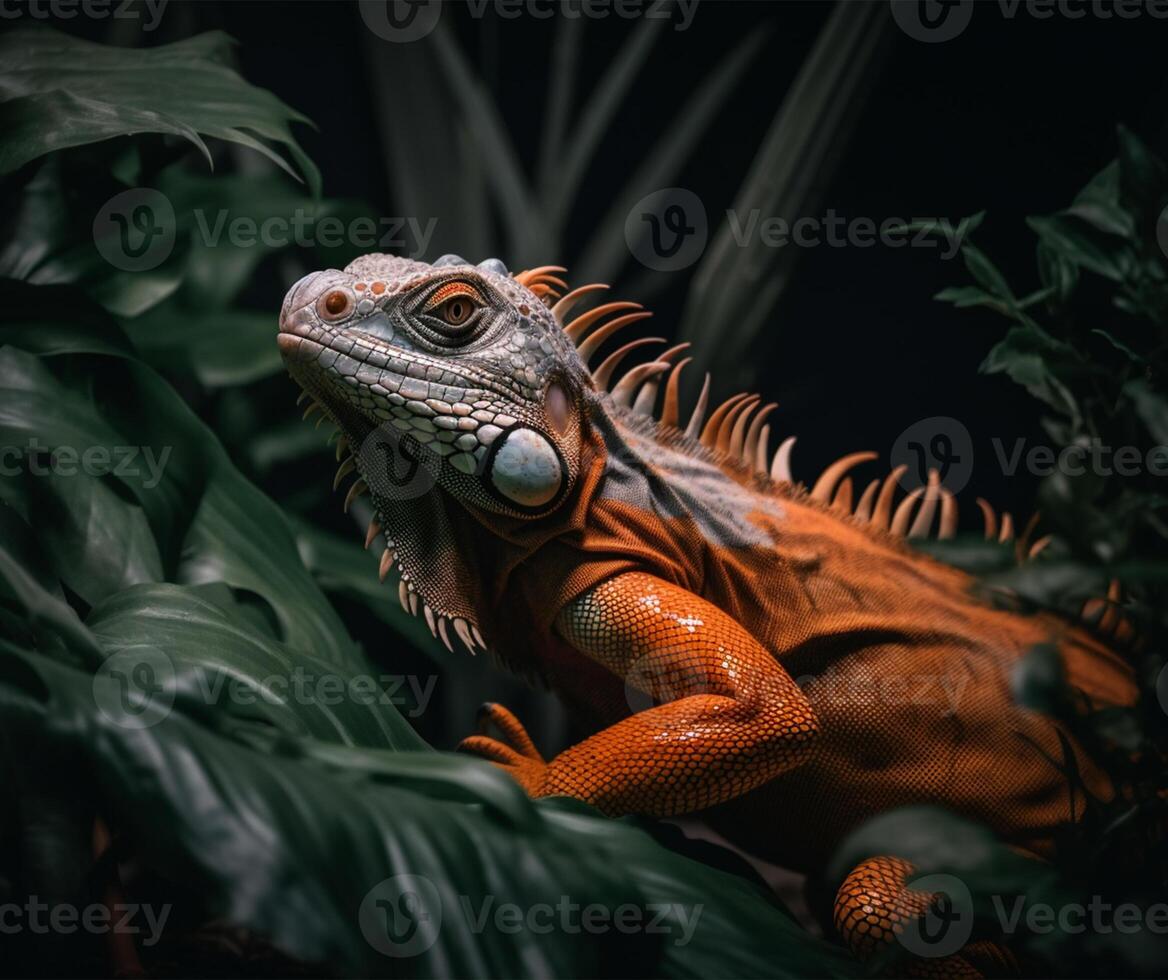 Detailed portrait of orange iguana, photo