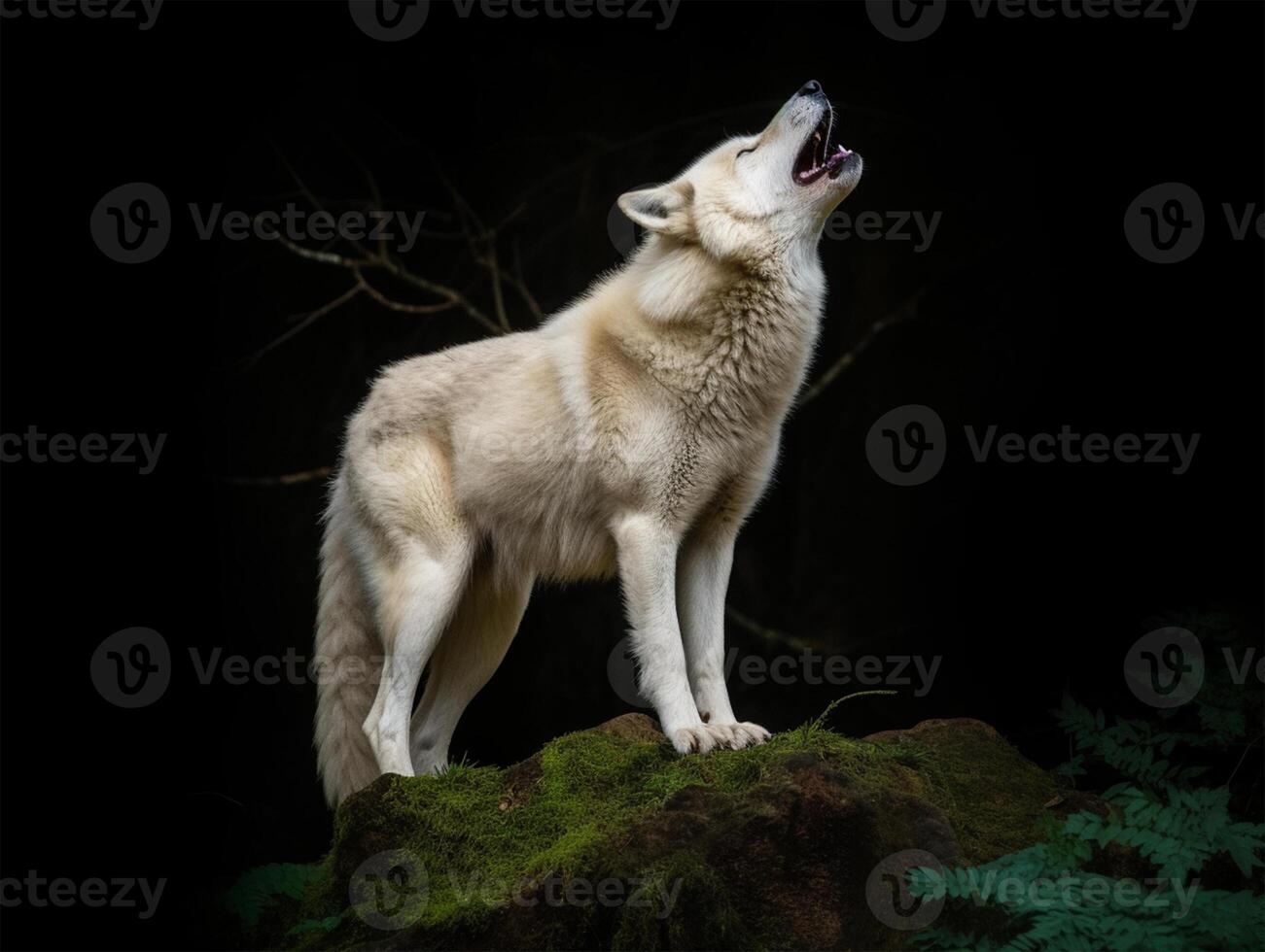View of white wolf roaring on dark background, photo