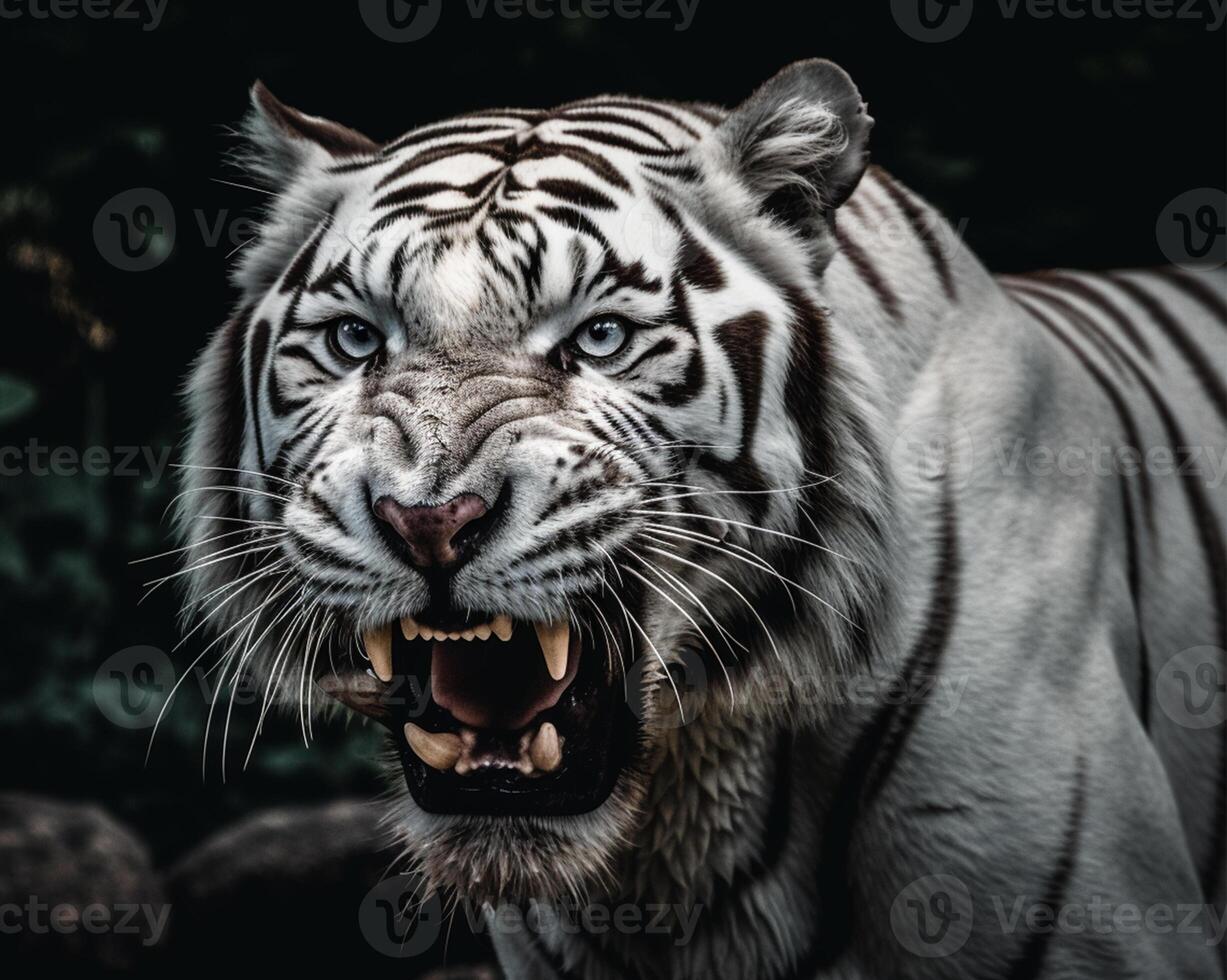 detallado retrato de un rugido blanco Tigre rostro, aislado en negro antecedentes. generativo ai foto