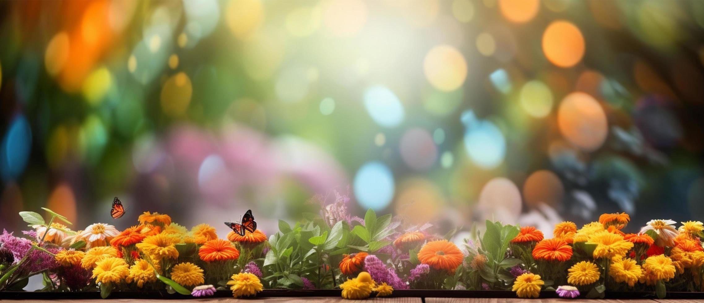 empty wooden table decorated with colorful flowers and butterflies. Blurred bokeh spring background. copy space. For product display. templates, media, printing, etc, generate ai photo