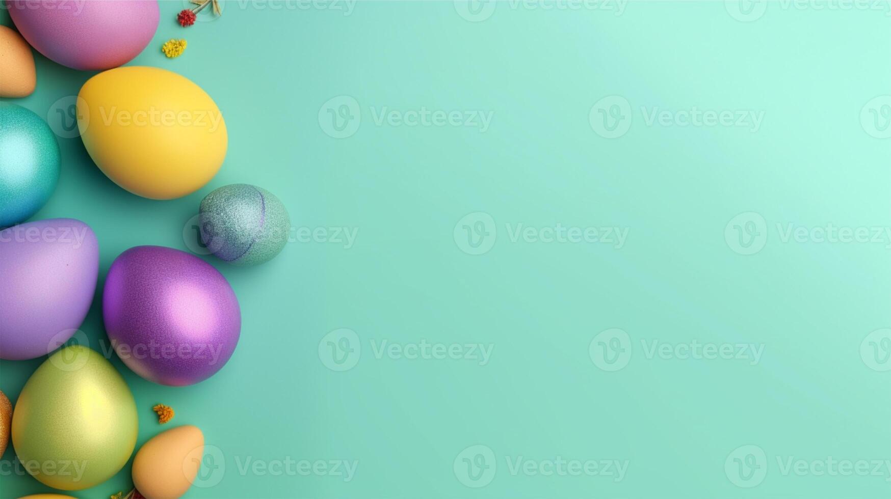 green background with copy space. easter day concept, colorful egg decoration, photo