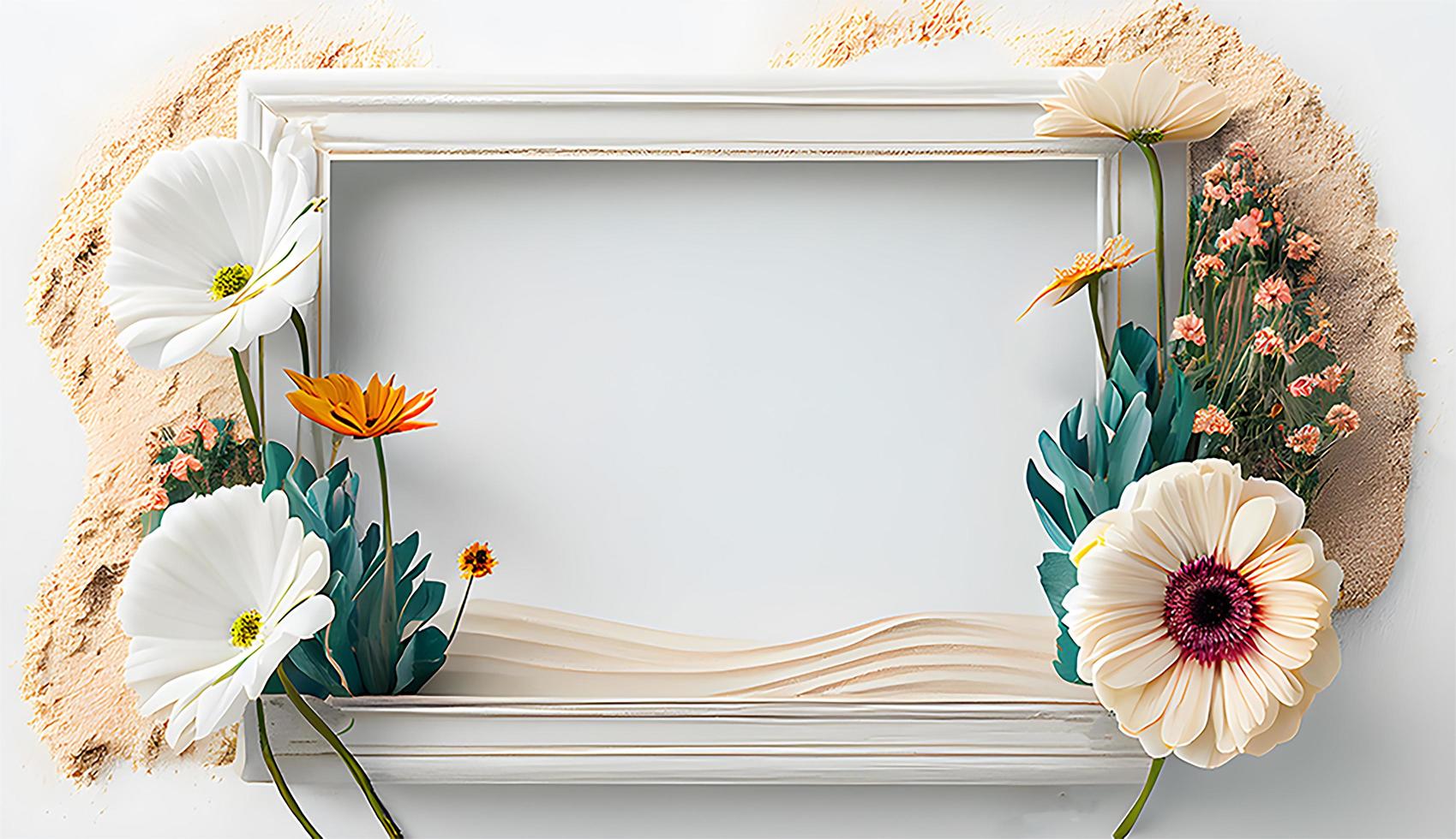 Photo frame, flower and sand decoration on white background. creasing space frame, Valentine's day, mother's day, women's day, spring concept, top view, generate ai
