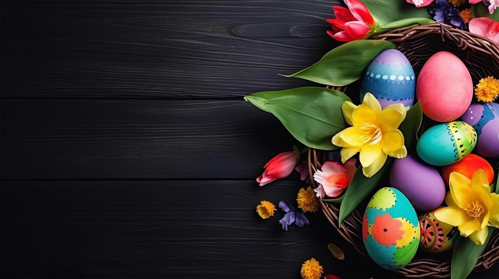 black wood background with copy space, easter day concept, photo