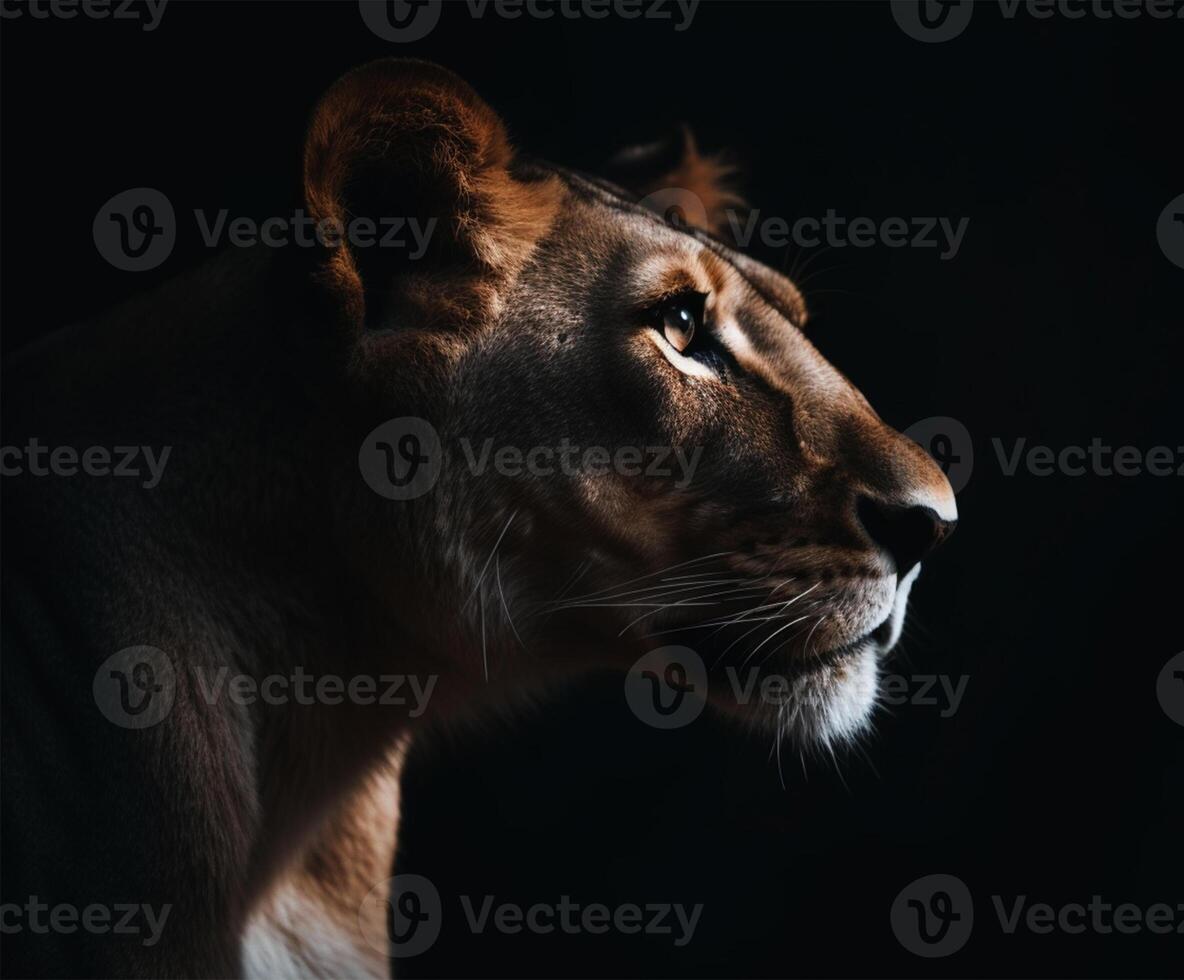 Detailed portrait of lioness face, isolated on black background. photo