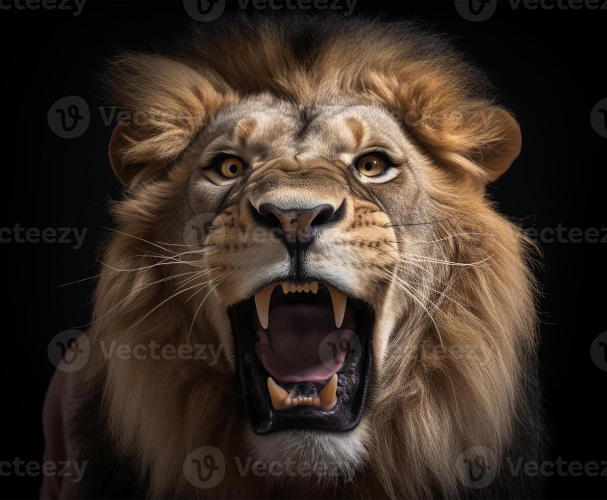 Detailed portrait of a roaring lion's face, isolated black background