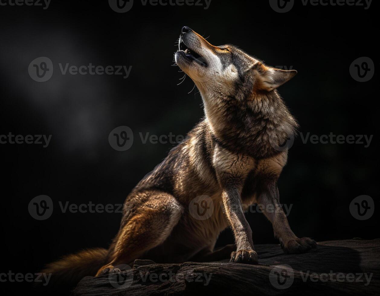 Detailed portrait of a wolf roaring on a dark background, photo