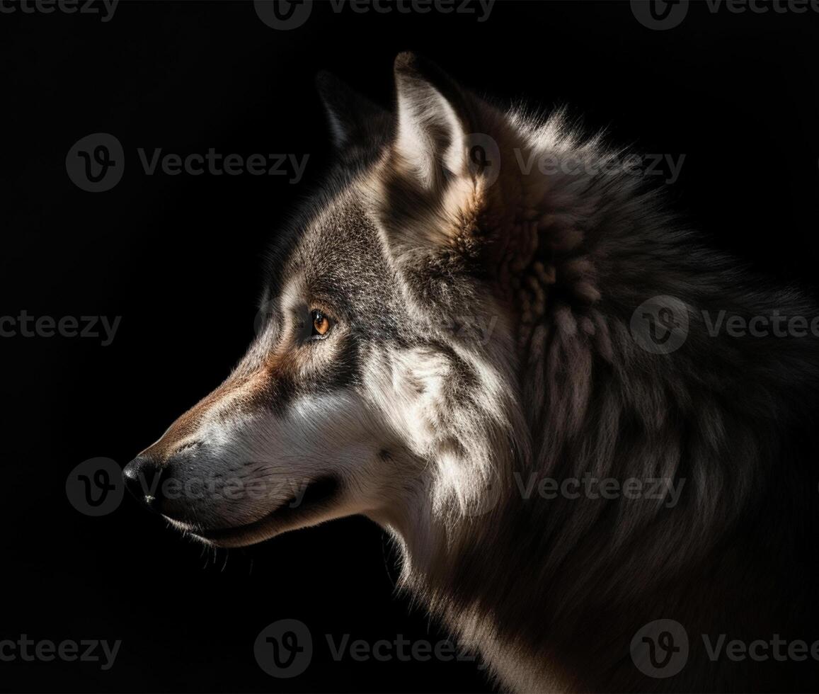 Detailed portrait of a wolf's face, against a dark background, photo