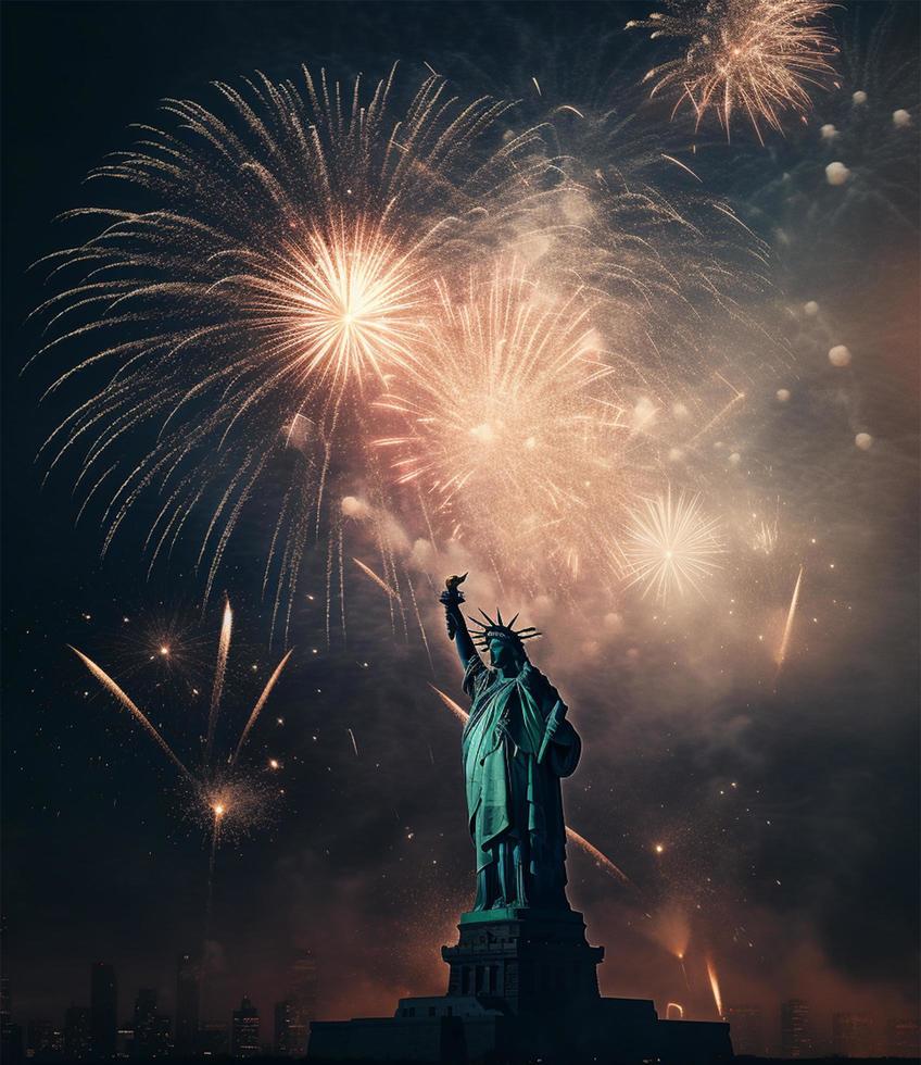 antecedentes ver de estatua de libertad y fuegos artificiales, concepto de celebrando unido estados independencia día, generar ai foto