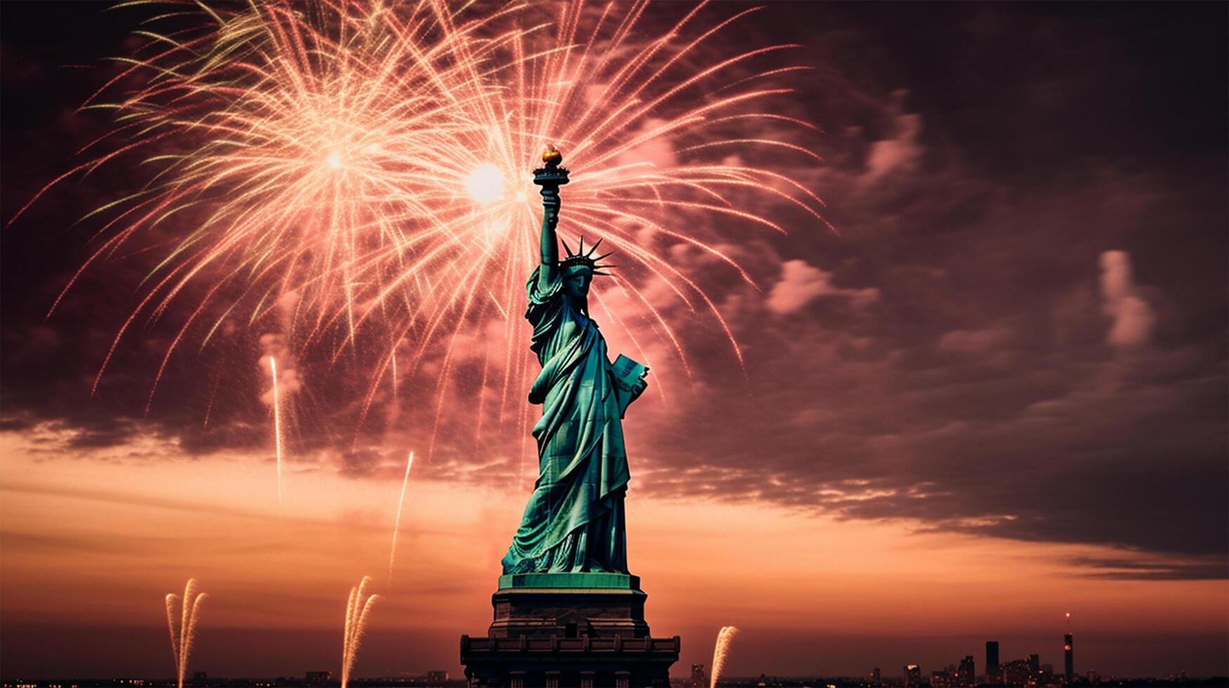 background view of statue of liberty and fireworks decoration, concept of celebrating american independence day, photo