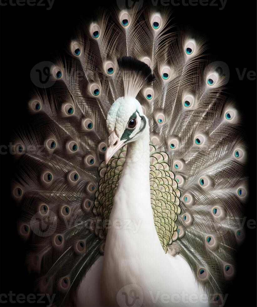 Detail portrait of beautiful white peacock, photo