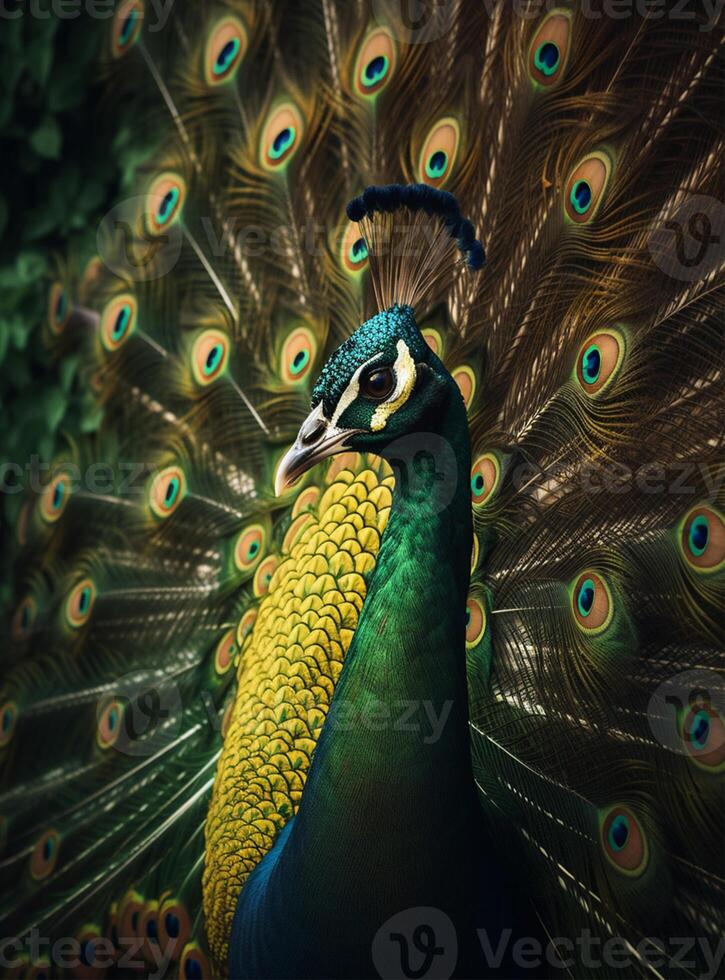 Detailed portrait of a beautiful peacock, photo