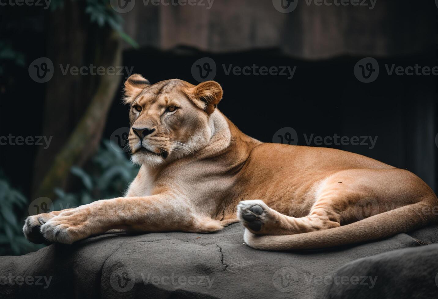 portrait of a lioness relaxing on a rock, photo