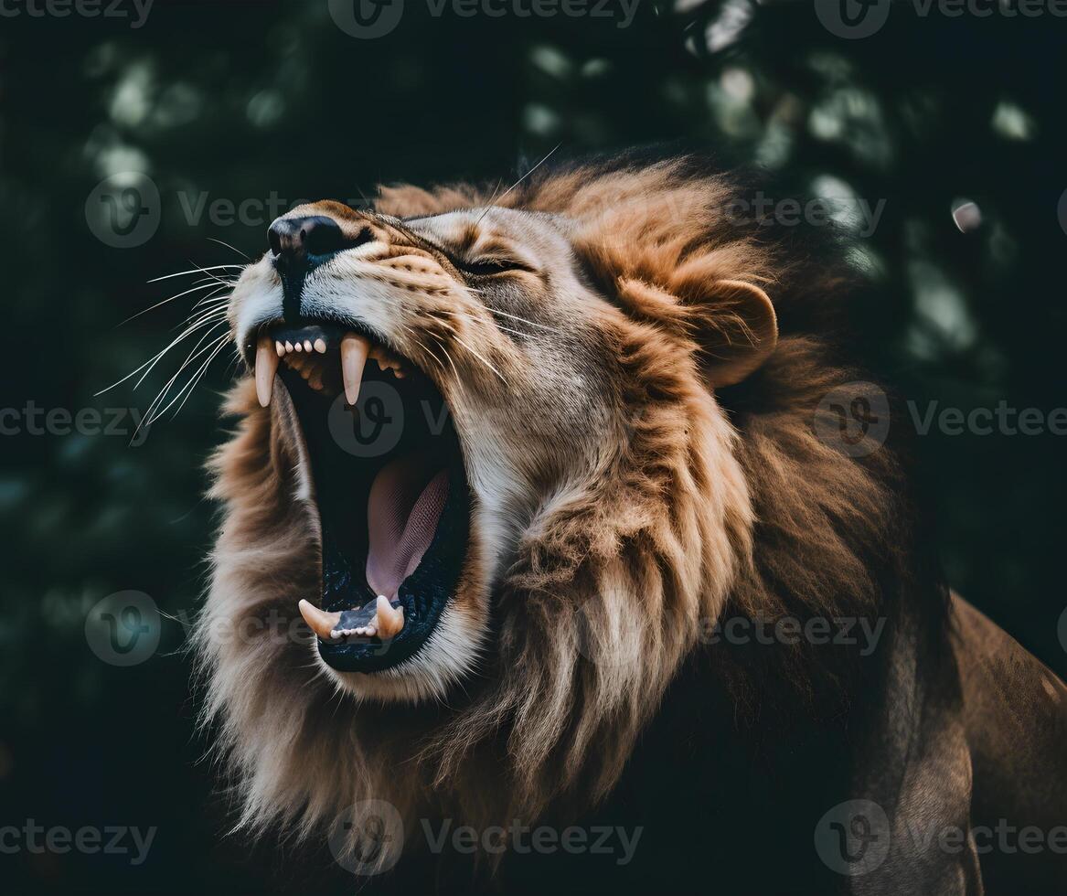 Detailed portrait of a roaring lion's face, photo