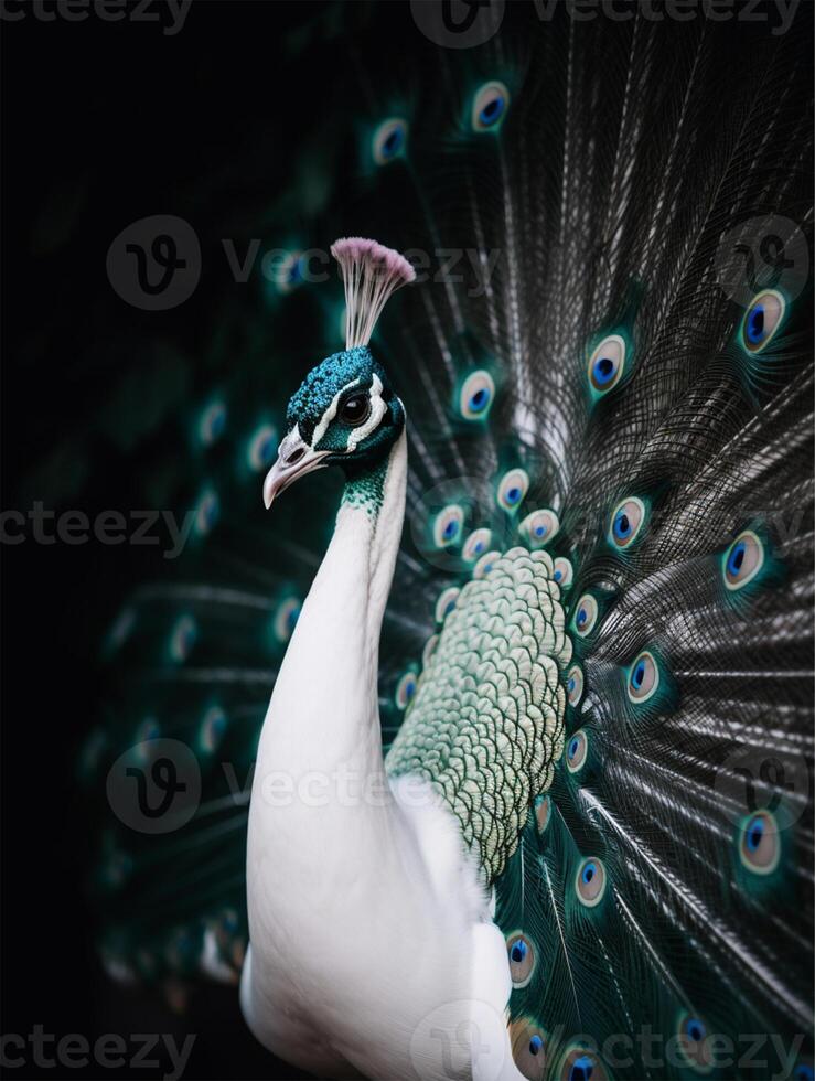 detalle retrato de hermosa blanco pavo real, generativo ai foto