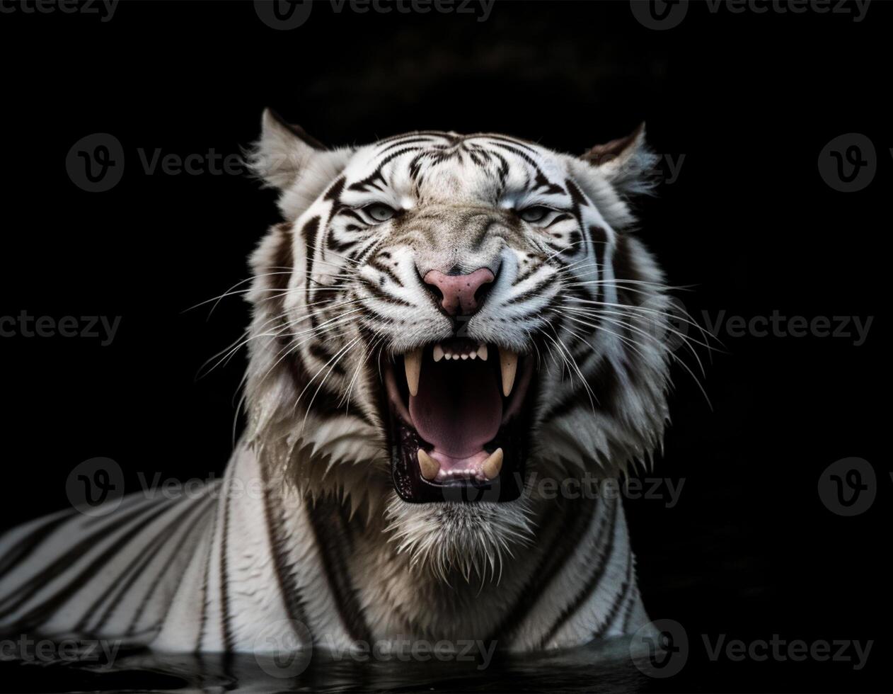 Detailed portrait of a white tiger's face that is roaring and soaking in the water, isolated on black background. i photo