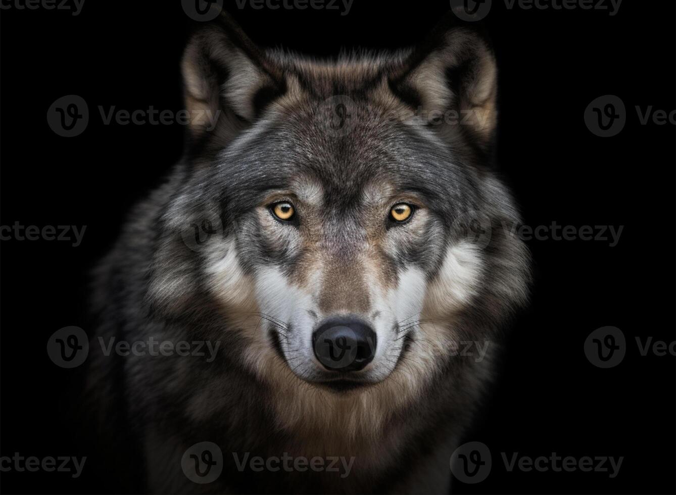 Detailed portrait of a wolf's face, against a dark background, photo